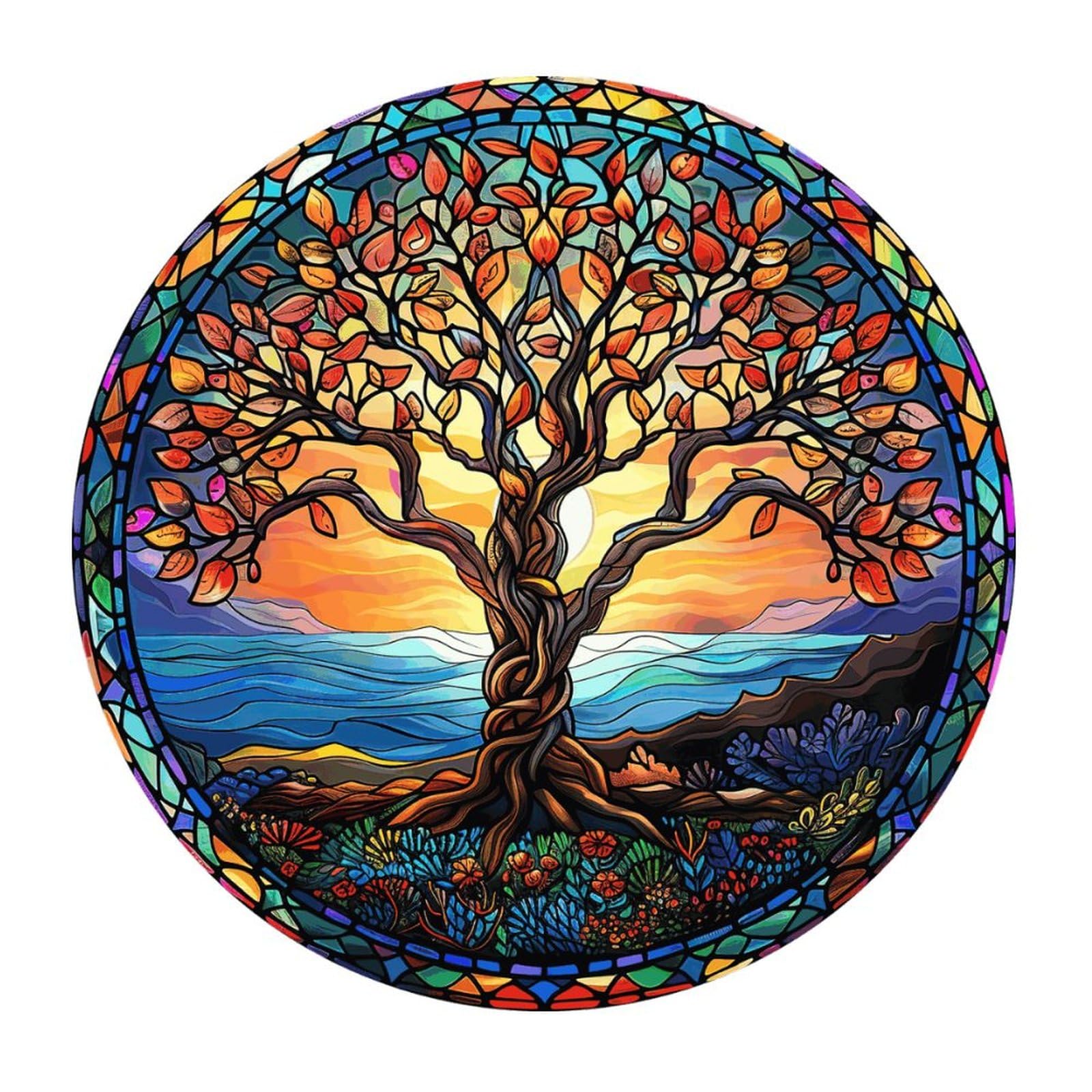 Vinyl Wall Quotes Stickers Tree of Life Stained Glass Vintage Wall Sticker Murals Home Wall Decor Multi Colored Leaf Art Wall Decals Stickers for Living Room Bottles Suitcase Furniture 28in