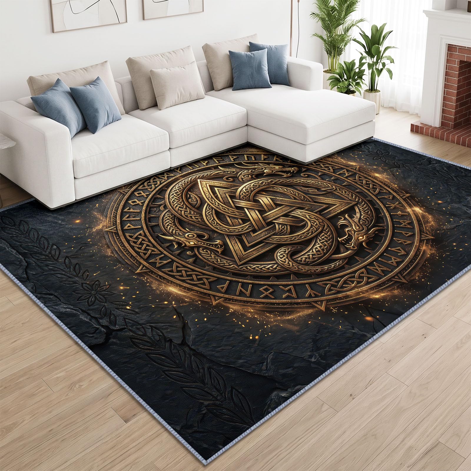 Générique Nordique Celtique Relief Tapis Poils Courts Résistant aux Griffures Animaux, Métal Badge Serpentin Bête-Dragon Tapis 120 x 170 cm Chambre Lavable et Antidérapant pour Bureau entrée Salon