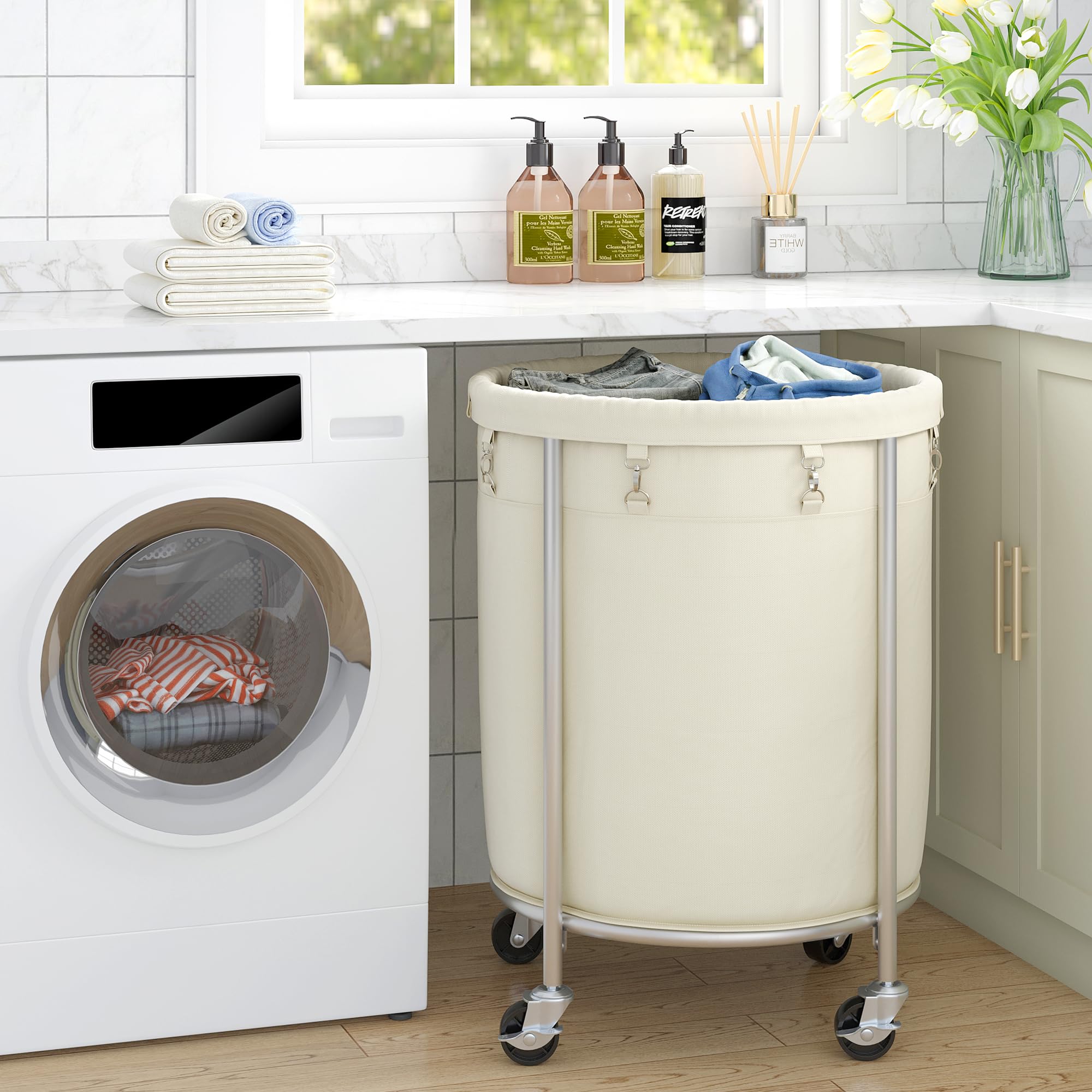 ELYKEN Panier à Linge avec Roulettes, Panier à Linge à Roulettes de 170 L, Chariot à Linge Rond avec Cadre en Acier et sac Amovible 4 Roulettes et 2 Freins, Sale pour Hôtel Maison, Crème