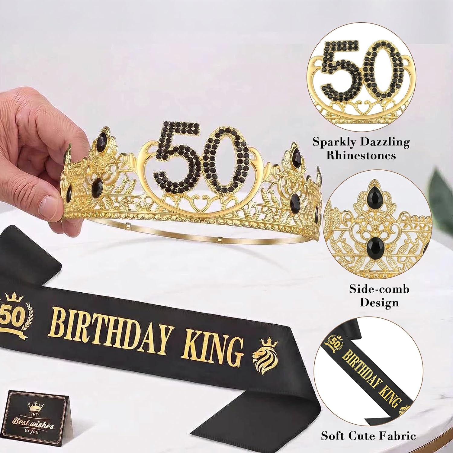 50th Birthday Gifts for Men – Whiskey Glass & King Crown Sash Set, 50th Birthday Decorations for Dad Husband Him, Funny Party Supplies, Unique 50 Years Old Gift from Wife.