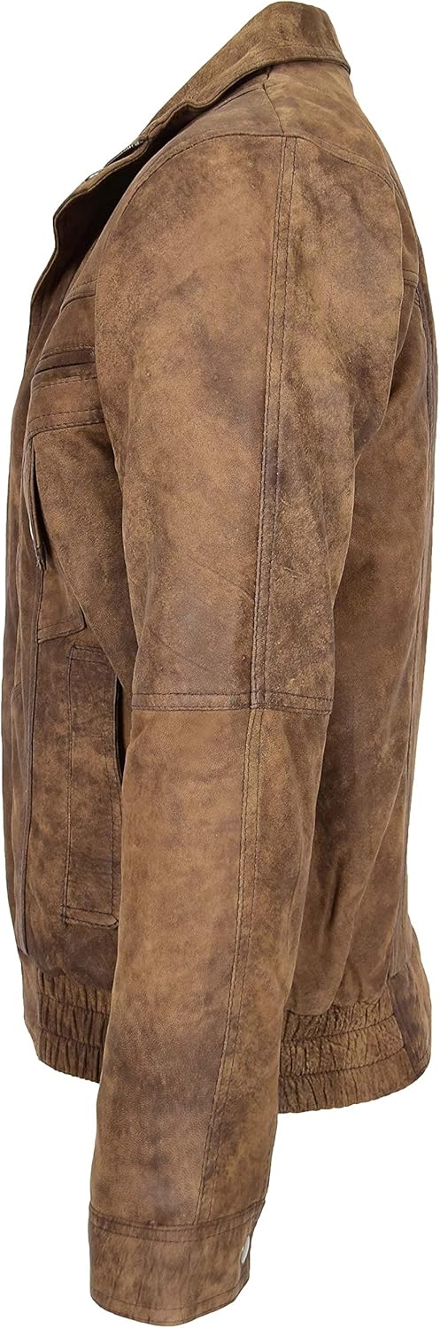 Mens Real Leather Bomber Jacket Classic Blouson Style Robert Brown