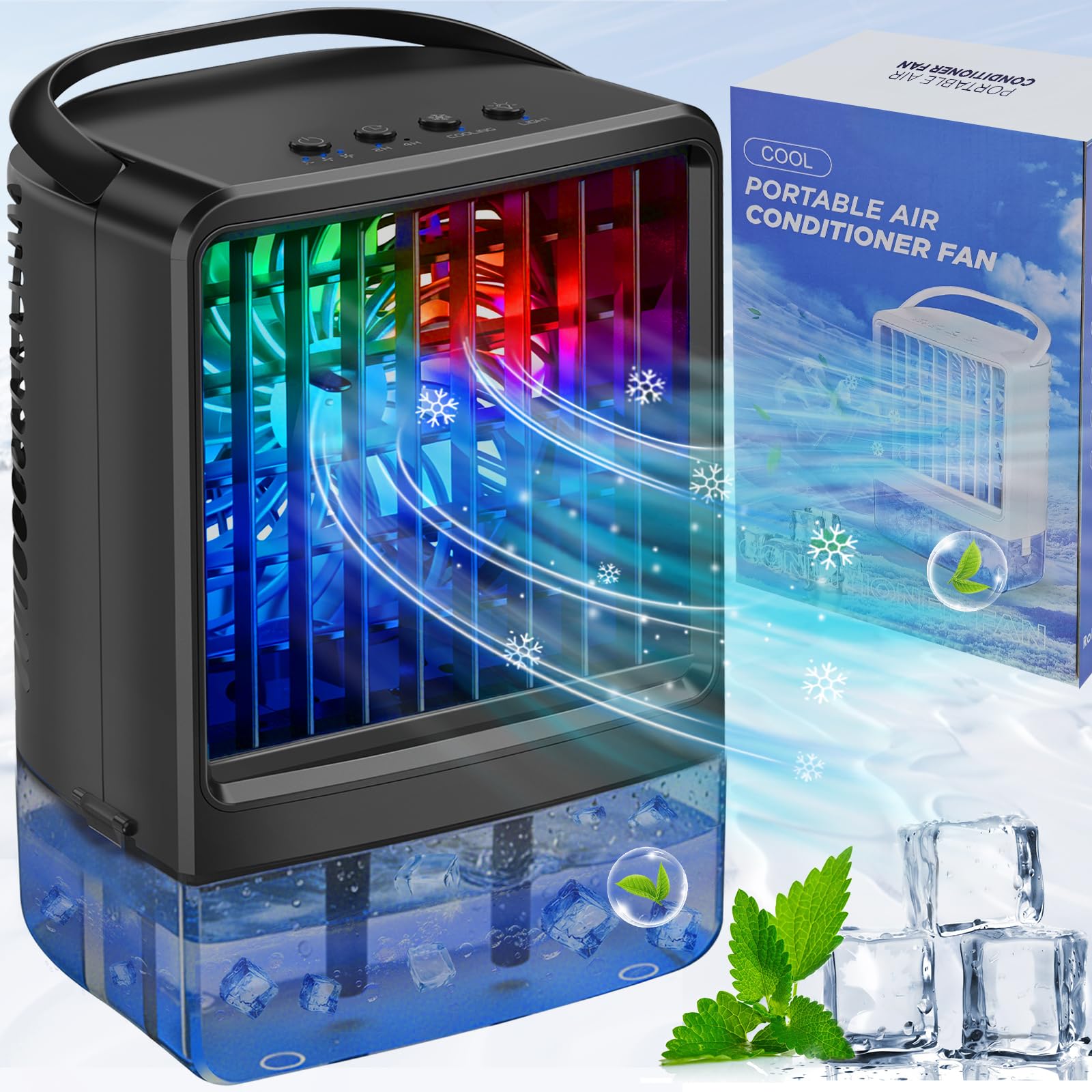 Portable Air Conditioner Cooling Fan, 800ML Mini AC Unit, Quiet Air Conditioning With 3 Wind Speeds & Cool Mist, 2-4H Timer & 7 LED Light,Personal Air Cooler for Bedroom,Living Room,Home,Office, Desk