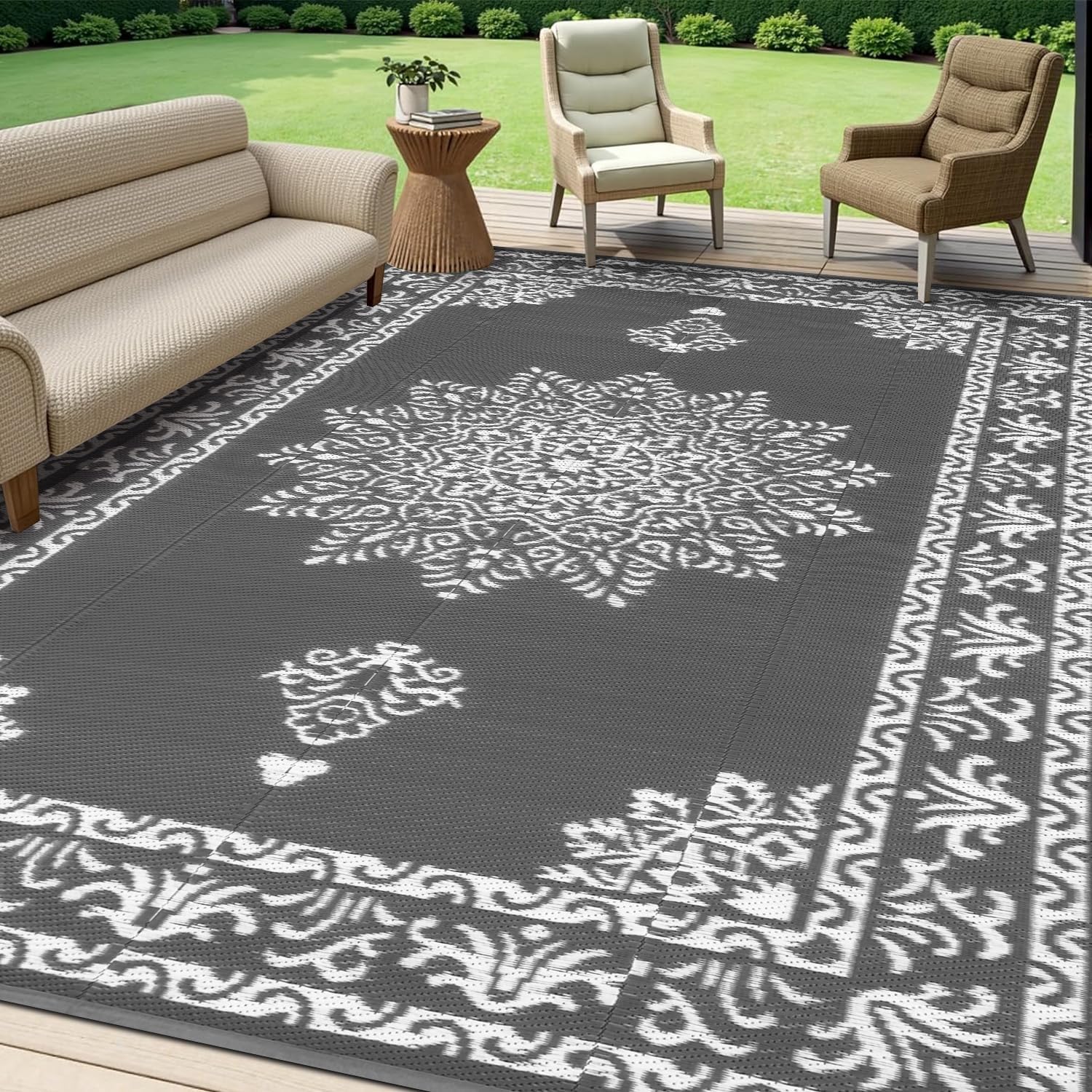 Yamaziot Outdoor Rug 8x10 Ft, Waterproof Reversible Plastic Straw Patio Rug, UV Resistant Portable RV Mat Clearance, Large Indoor Outdoor Rug for Patio, Porch, Deck, Balcony, Dark Gray