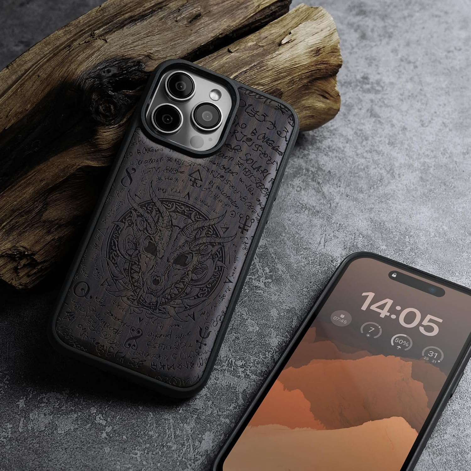 Carveit Magnetic Wooden Case for iPhone 16 Pro Max Case, Wood Artisan Engraved & Black Soft TPU Shockproof Cover, Compatible with MagSafe Wireless Chargers (Dragon Skull) Blackwood