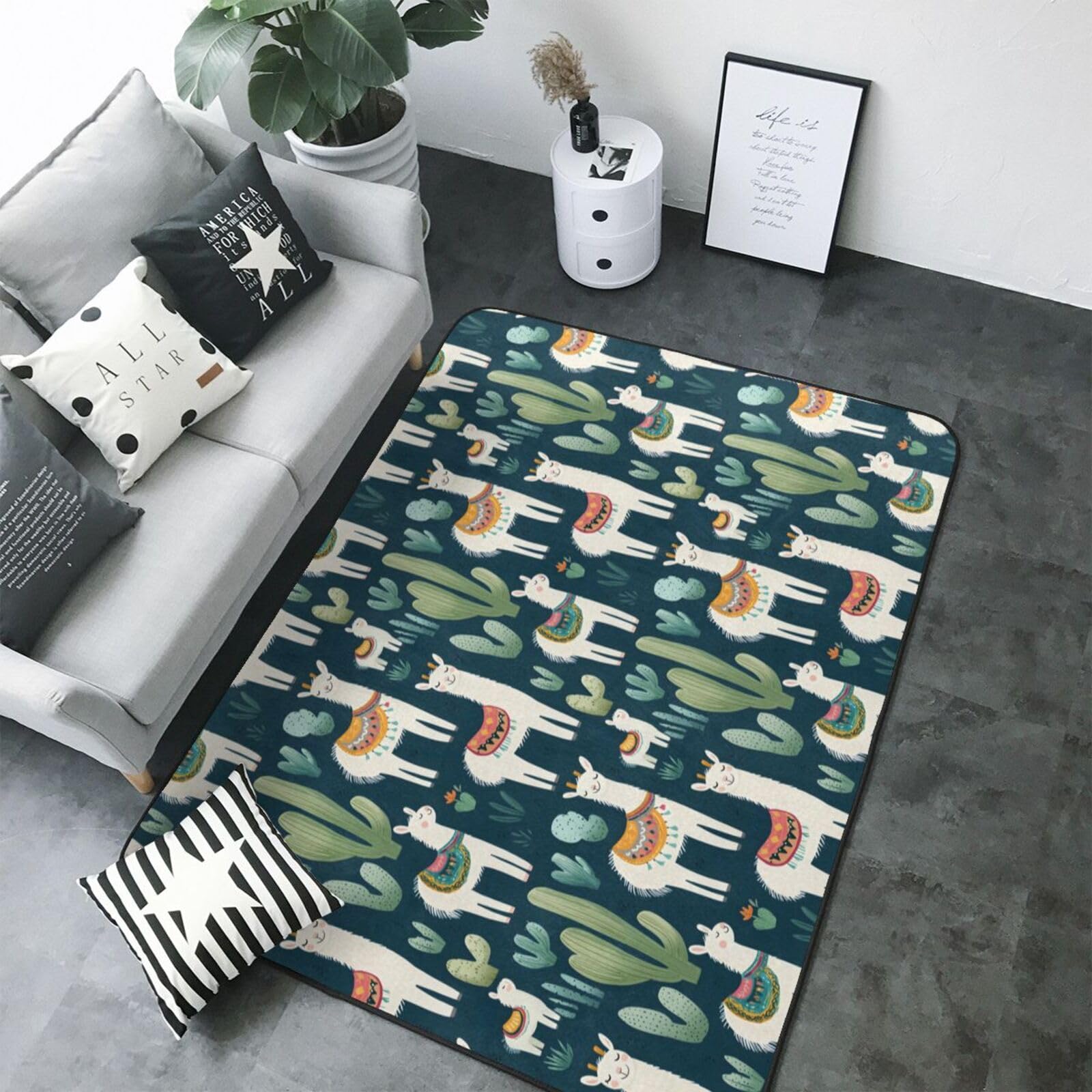 Grand tapis pour salon chambre motif cactus alpaga lavable