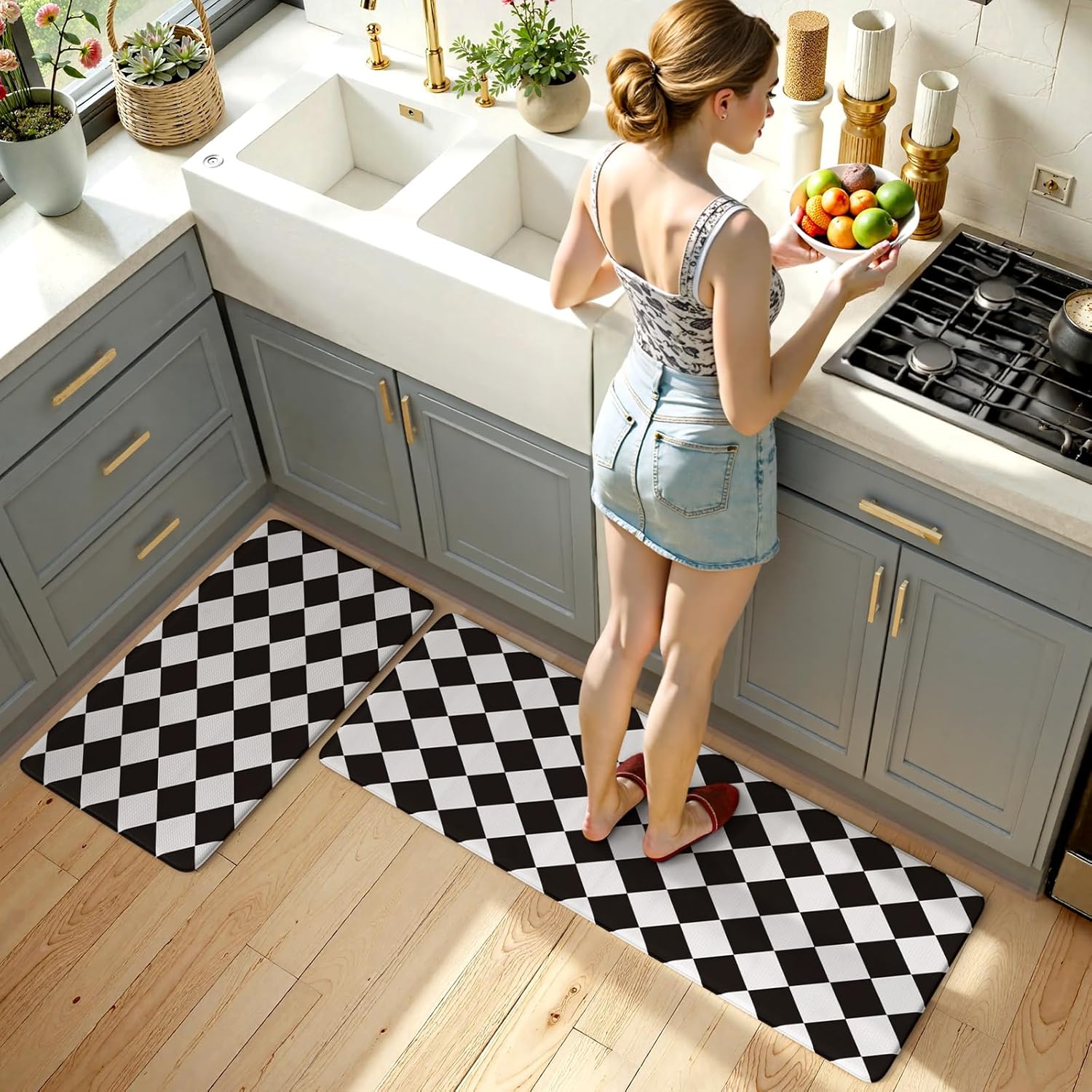 KIMODE Farmhouse Kitchen Rugs, Anti-Fatigue Kitchen Mats, Non-Slip, Cushioned Standing Mat, 17x47 17x29, Black Diamond Check