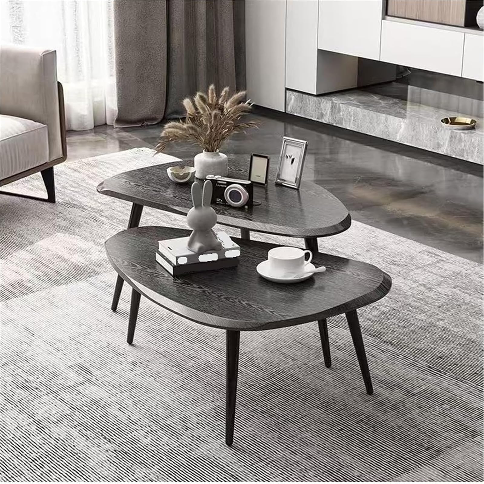 Set Di 2 Tavolini Da Caffè Impilabili, Tavolini Moderni In Legno | Tavolino da divano multifunzionale con robuste gambe in acciaio al carbonio per soggiorno e camera da letto(black)