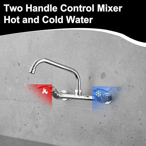Miniatura 3 de BWE Grifo de cocina para montaje en pared, centro de 8 pulgadas, grifos de fregadero de utilidad comercial, doble mango con boquilla giratoria de 8