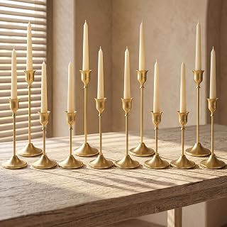 12 Pcs Gold Candlestick Holders, Vintage Metal Candle Holders Taper Candle Stands, Tall Golden Brass Tapered Candle Holder for Wedding Tables Centerpieces Decor