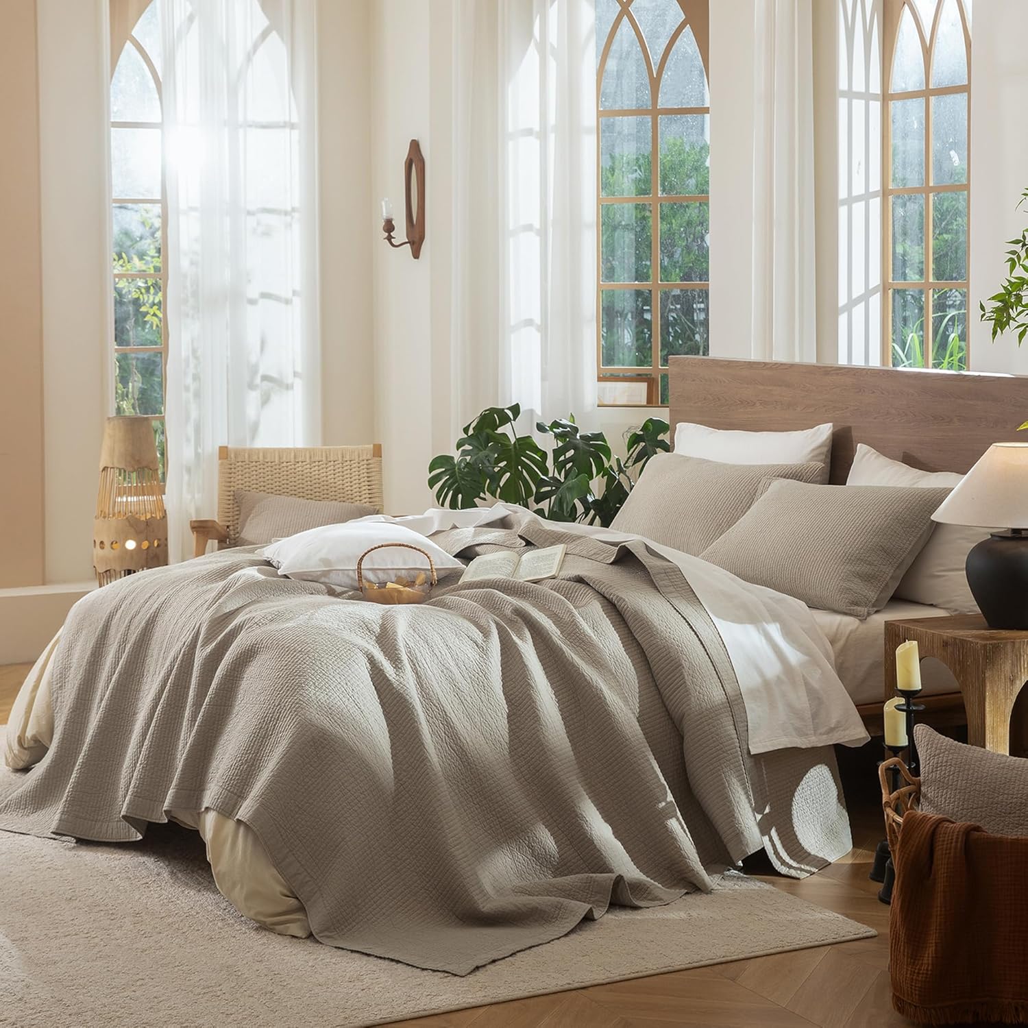 MooMee Stripe Stitch Quilt Set 100% Washed Cotton Coverlet Bedspread Linen Like with Cotton Batting Fill Soft Breathable Lightweight for All Seasons (Tannish Linen Grey, King)