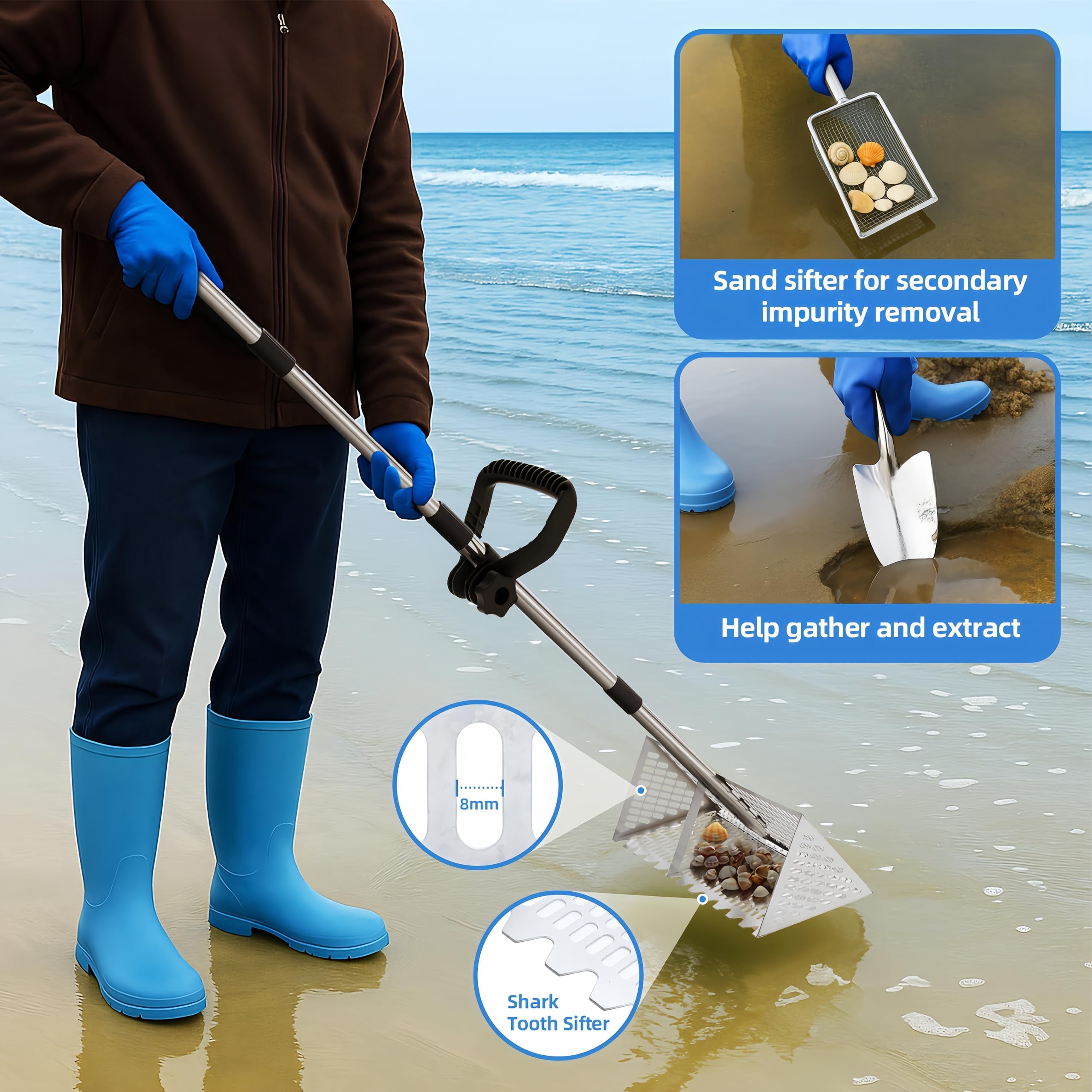Râteau à puces de sable, tamis à dents de requin en acier inoxydable 304 livré avec long manche pour la plage, 5 sections avec râteau manuel de 40,6 cm de large pour recueillir les puces, les dents de