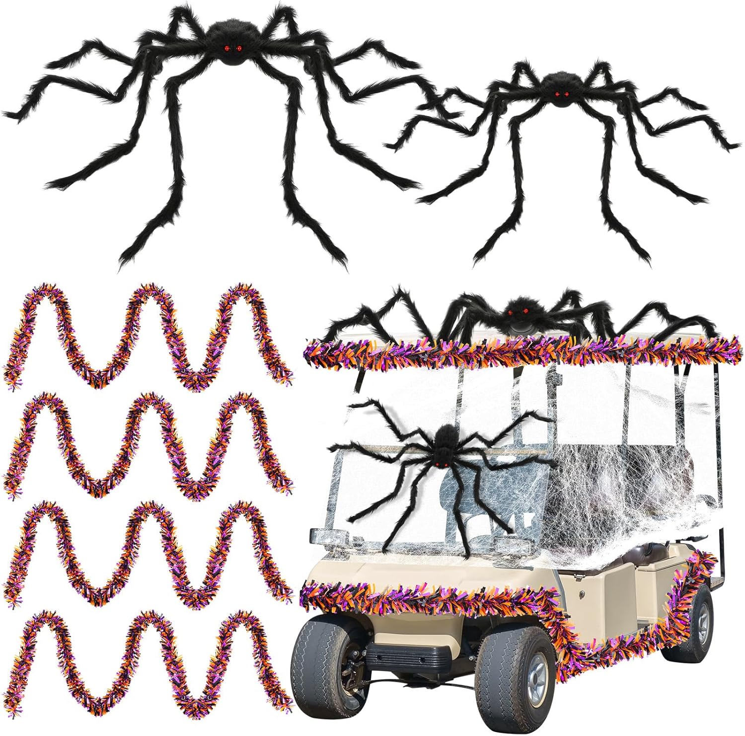 WinnerWhy Halloween Golf Cart Decorations Kit 2 Pcs Giant Spider 4 Pcs Orange Black Purple Garlands with 2 Pack Spider Webs Spooky Golf Cart Decor for Halloween Trunk or Treat Parade