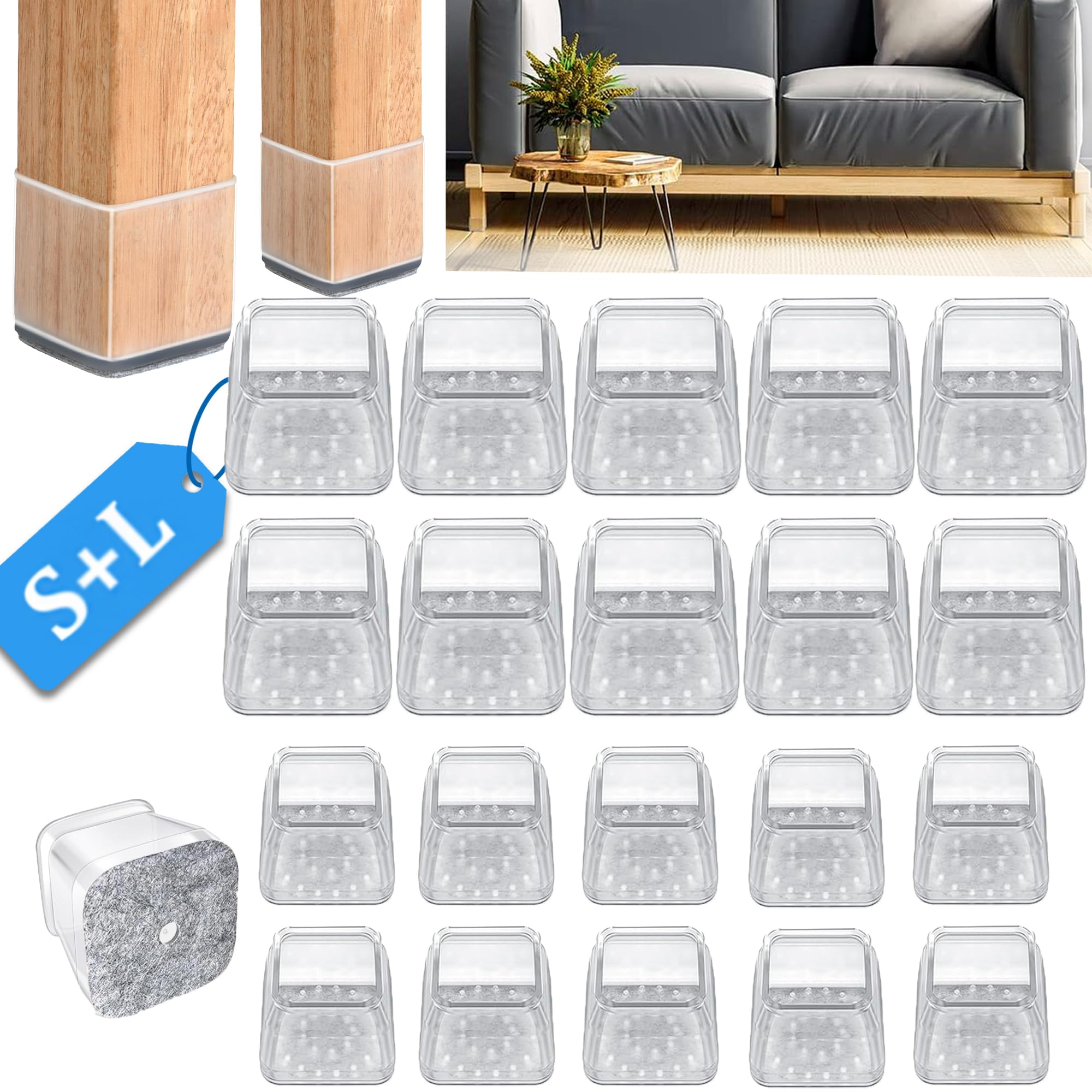 32 pcs Protectores de Suelo para Patas de Silla Cuadradas (Incluye 16 Piezas Grandes y 16 Piezas Pequeñas), Tapas de Silicona con Fieltro