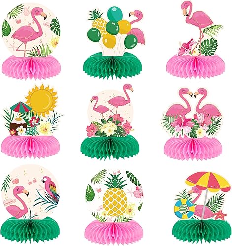LINGXIU - 9 piezas de decoración de fiesta temática de flamenco, suministros de verano hawaiano tropical Aloha centros de mesa para cumpleaños de