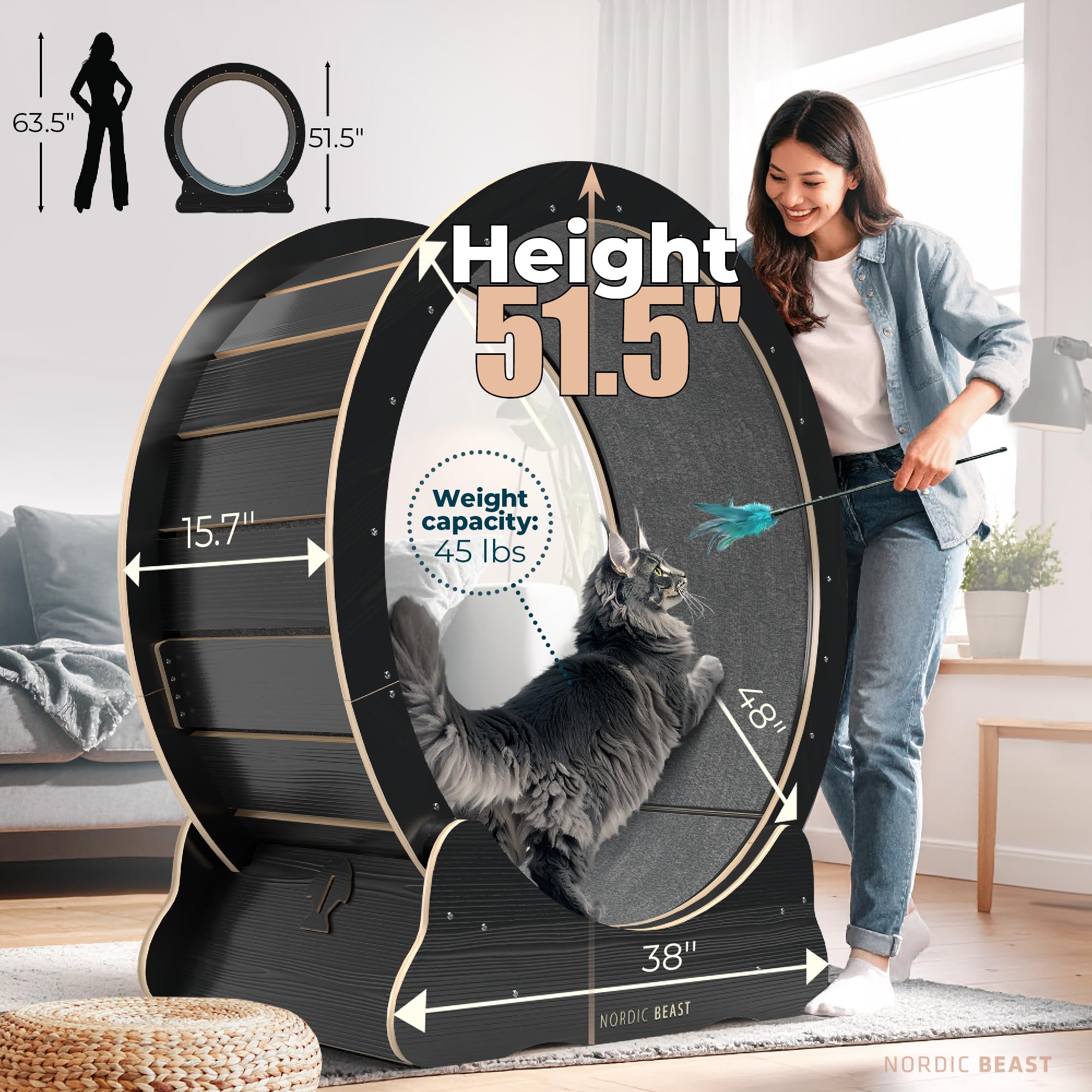 Nordic Beast 48'' XL Cat Wheel – Safe, Quiet & Stable Exercise Wheel for Large Indoor Cats up to 45 lbs – 15.7'' Extra-Wide Surface Fits 2 Cats Side view 3