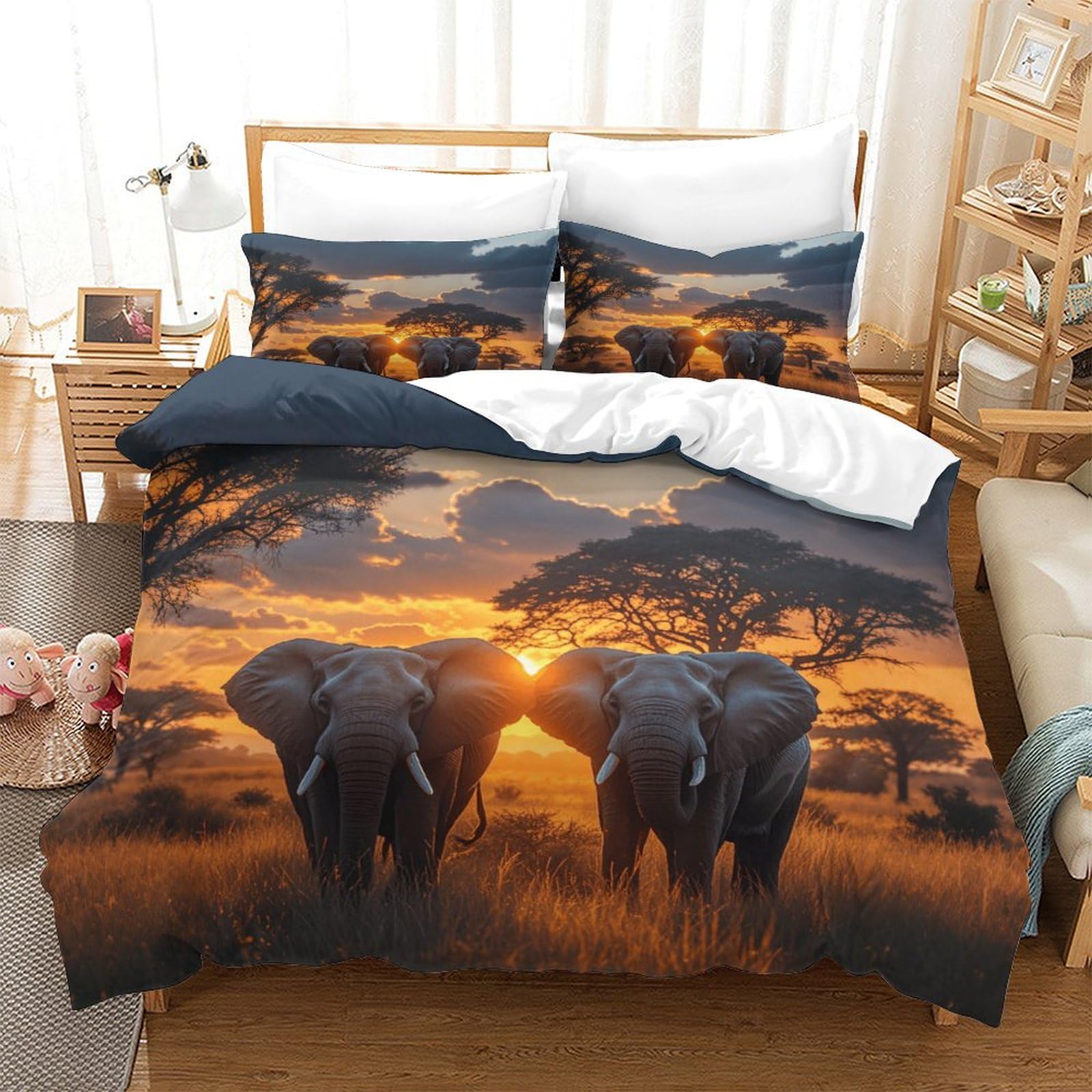 Xiaopangxy Boys Elephant-9 Elephant Bedding Set With Zipper Comforter Cover 3D Printed African Grassland Quilt Cover With Pillowcase Duvet Cover Microfiber For Childrens And Adults King（220X240cm）