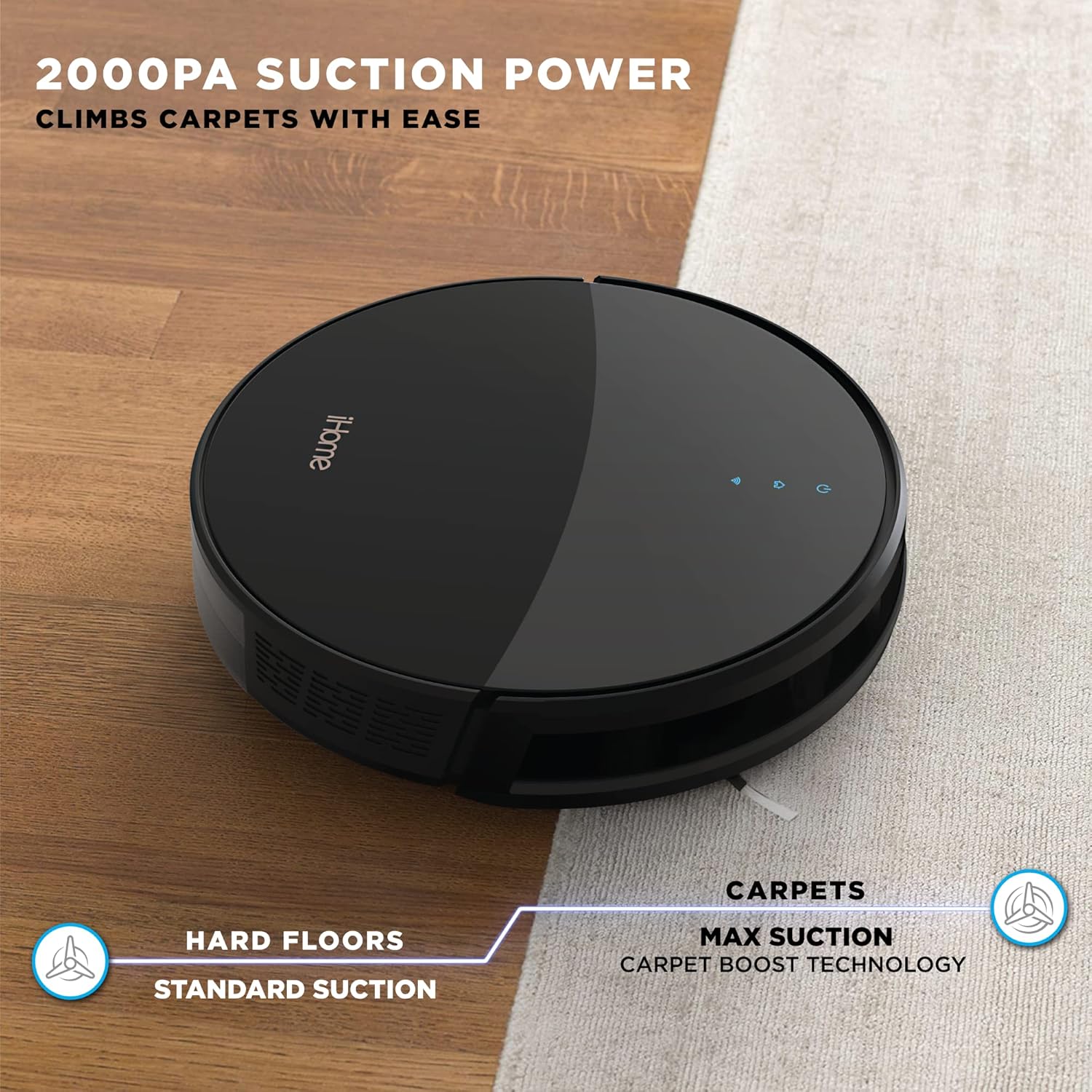 iHome AutoVac Eclipse, Robot Vacuum Cleaner, Self Charging Vacuum Robot, Mopping Function, 2,000 PA Suction , APP Control, Mapping Technology, Set Schedules, Ideal for Pet Hair, Carpets & Hard Floors -