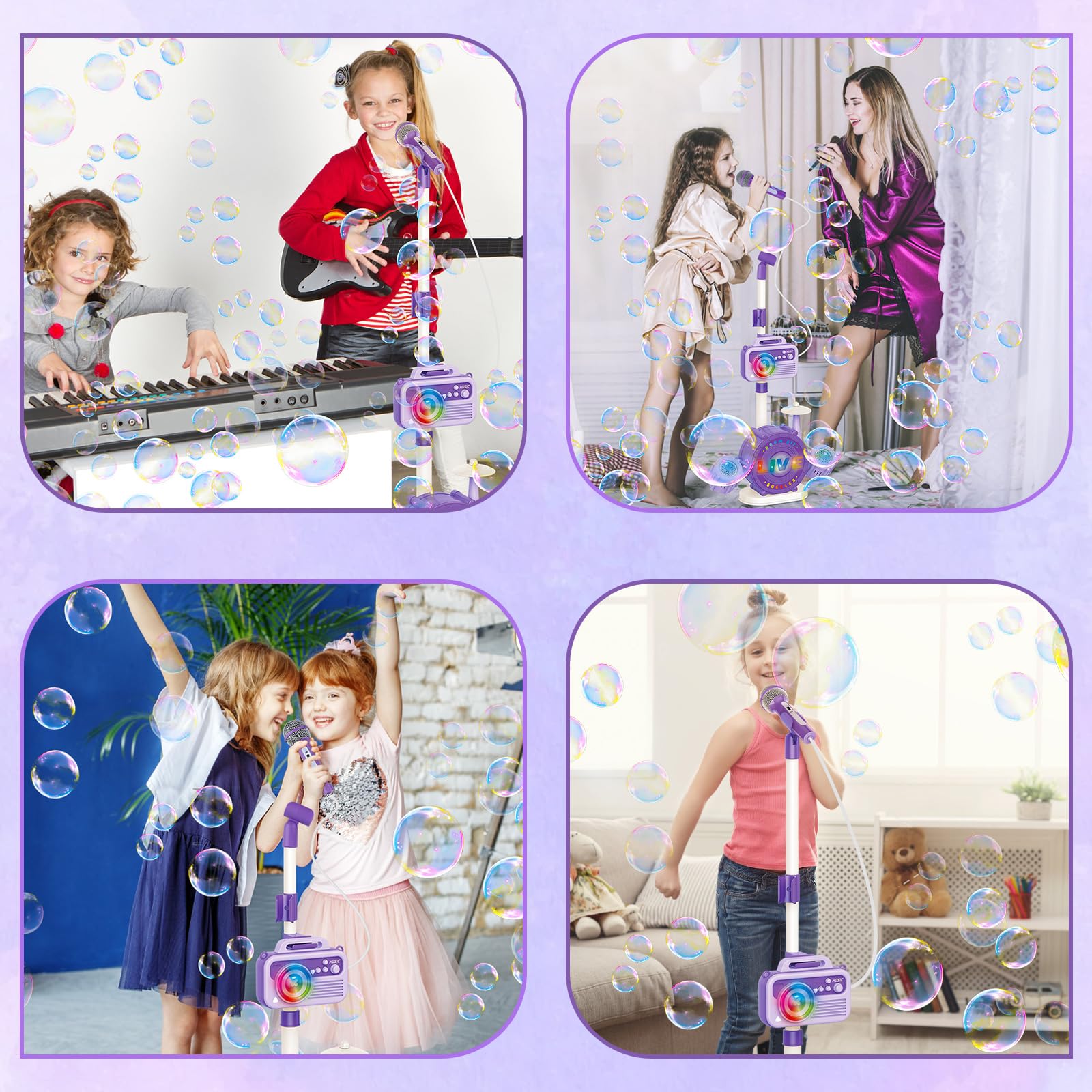 Microfono per karaoke Bluetooth per bambini, con supporto regolabile, macchina per karaoke per bambini, con macchina per creare bolle, cambia Vioce, luci colorate, microfoni per cantare Natale, regali