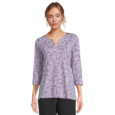L.L.Bean Pima Tops Split Neck Tunic 3/4 Sleeve Print Women
