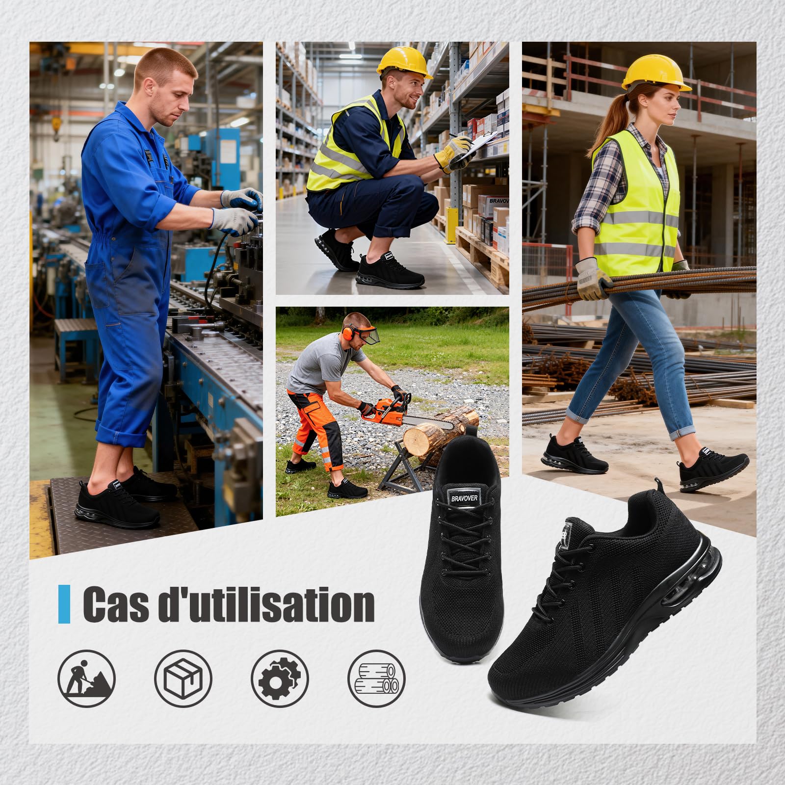Bravover Chaussures de Sécurité Hommes Femme Embout Acier Chaussures Baskets de Secruite Légère Chaussure Travail Confortable Respirantes Chaussure de Chantier Antidérapantes