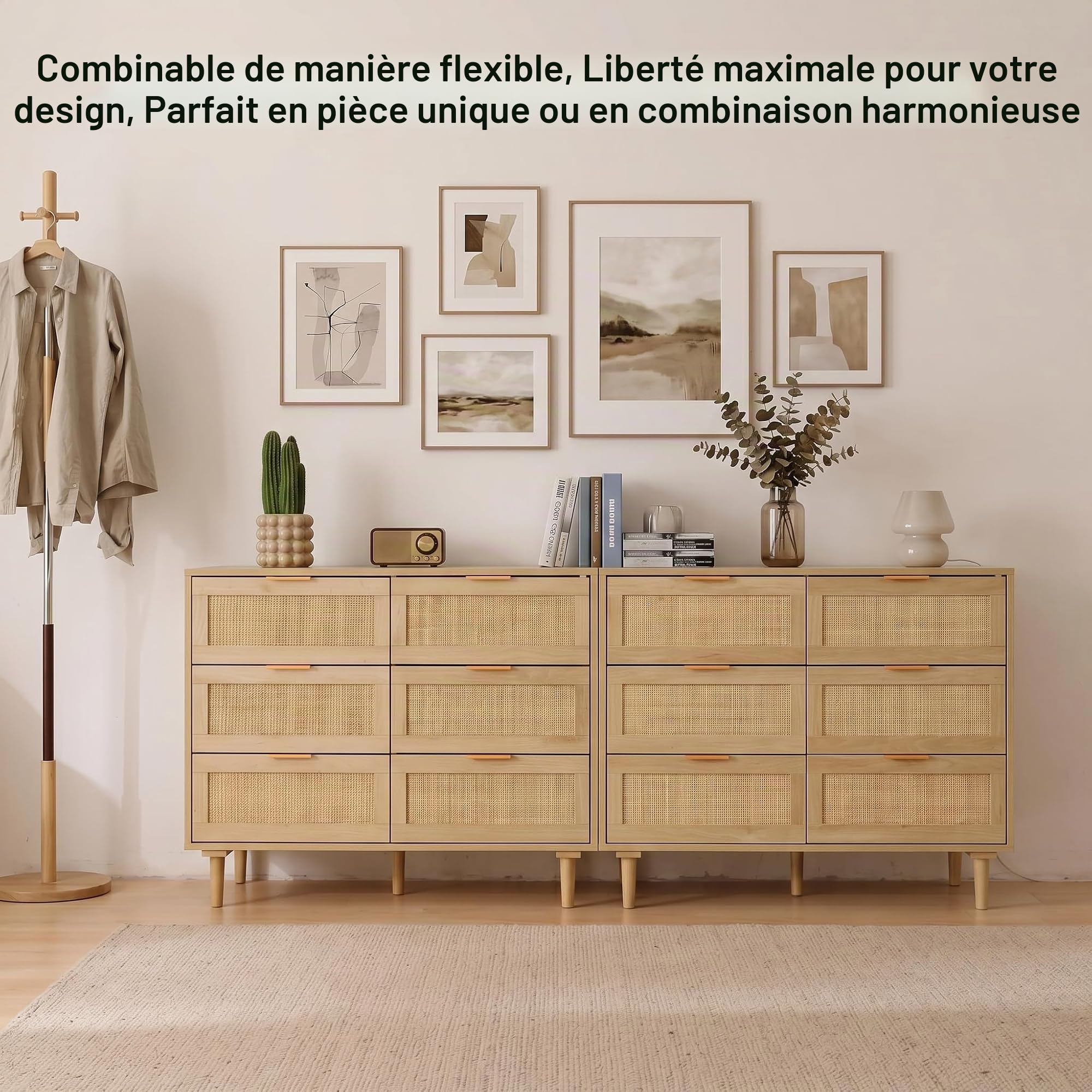 GRAVFORCE Commode en rotin avec 6 tiroirs, Buffet à Grande capacité, Moderne avec poignées dorées et Pieds en Bois pour Chambre, Salon, Couloir, Bureau, Organisateur 110x38x77 cm
