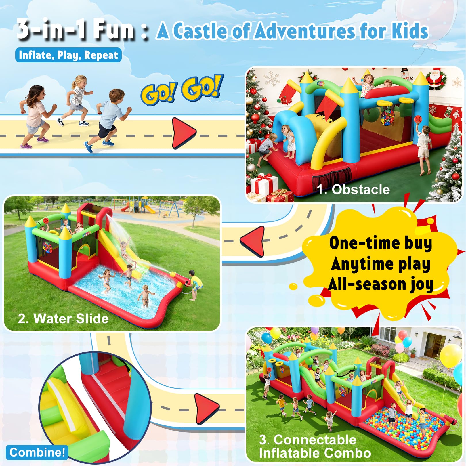 Castello gonfiabile per bambini con scivolo d'acqua da 3 a 12 anni, set combinato gonfiabile per ostacoli e scivolo d'acqua, castello gonfiabile per interni ed esterni (combo gonfiabile collegabile)