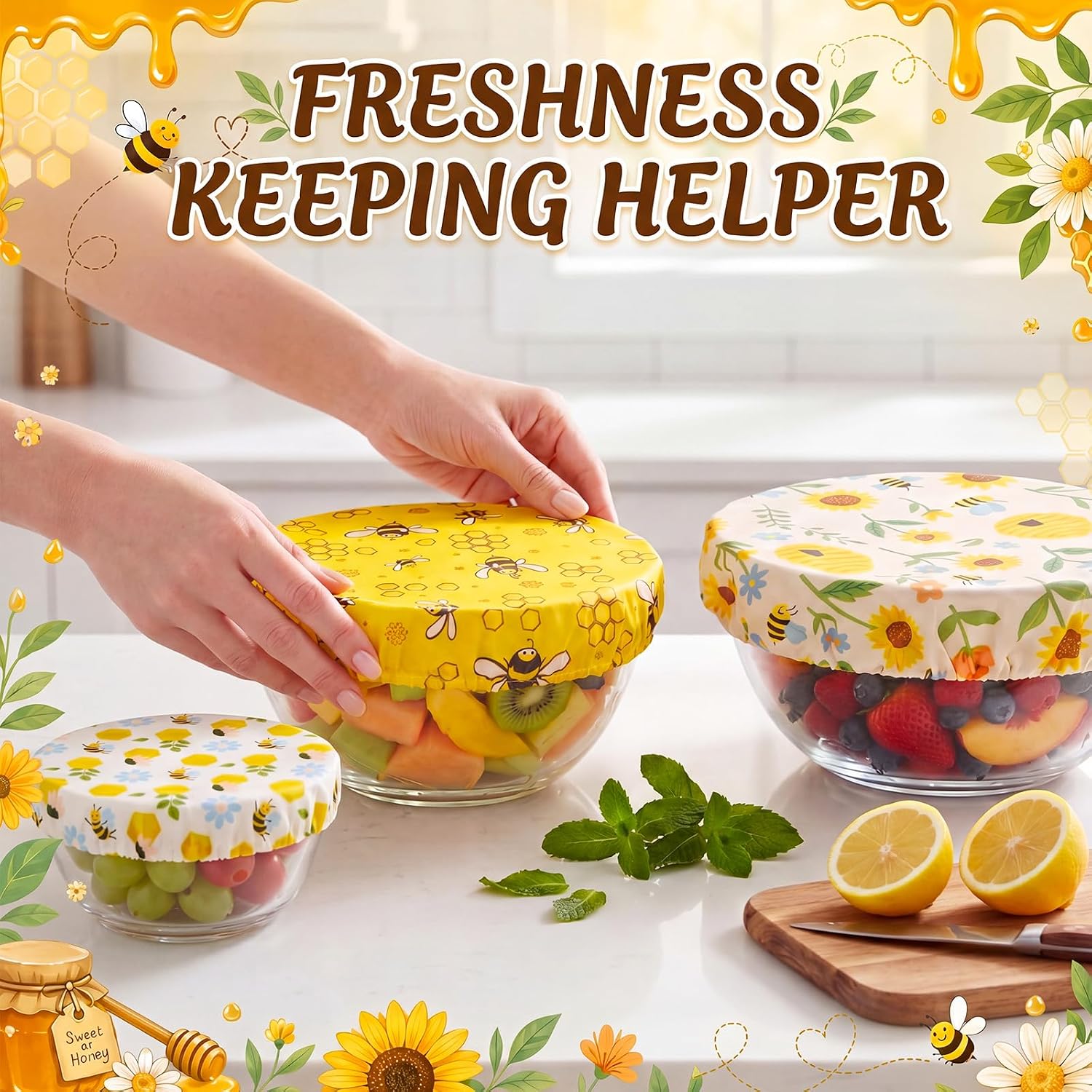 Mindsoft 10 Pcs Reusable Bowl Covers for Bread Proofing Beeswax Bowl Covers 5 Size Elastic Cotton Sourdough Bowls Cover Shower Caps for Sourdough Bread Food Storage Fruit Leftover (Yellow Honeycomb)