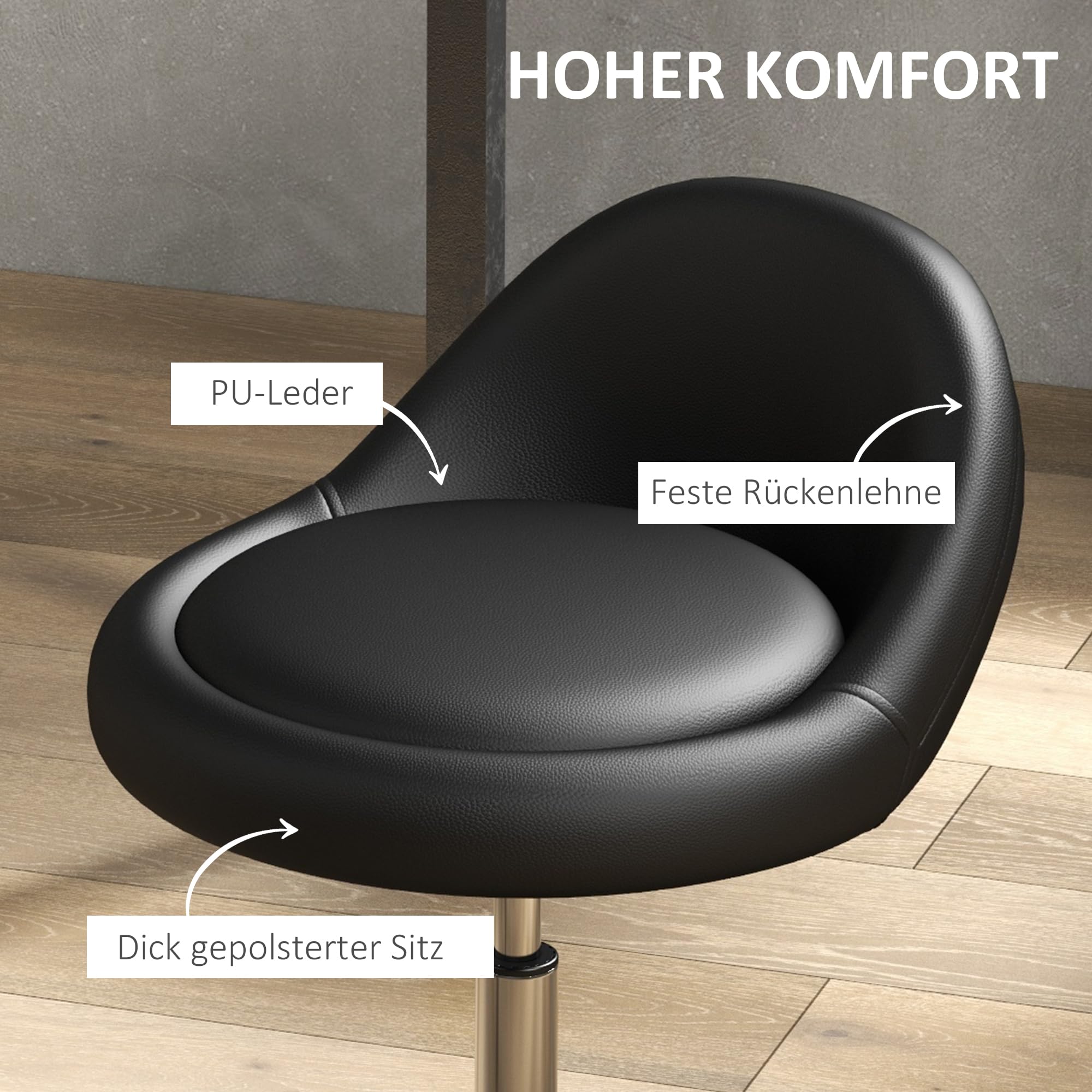 HOMCOM Rollhocker Höhenverstellbar 63-83 cm Drehbar mit Rädern Schwarz