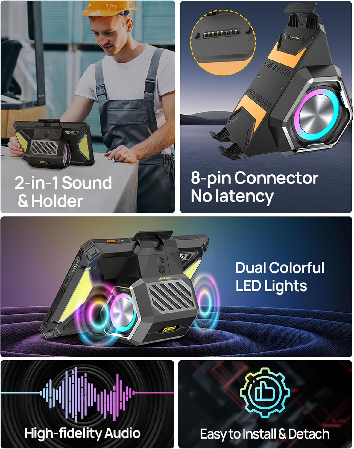 Ulefone Sound KIT for Armor Pad 3 Series, 2-in-1 Sound and Stand, 9W Power 114dB, Dual Colorful LED Lights, 8-pin Connector No Lag, Anti-Slip Pads