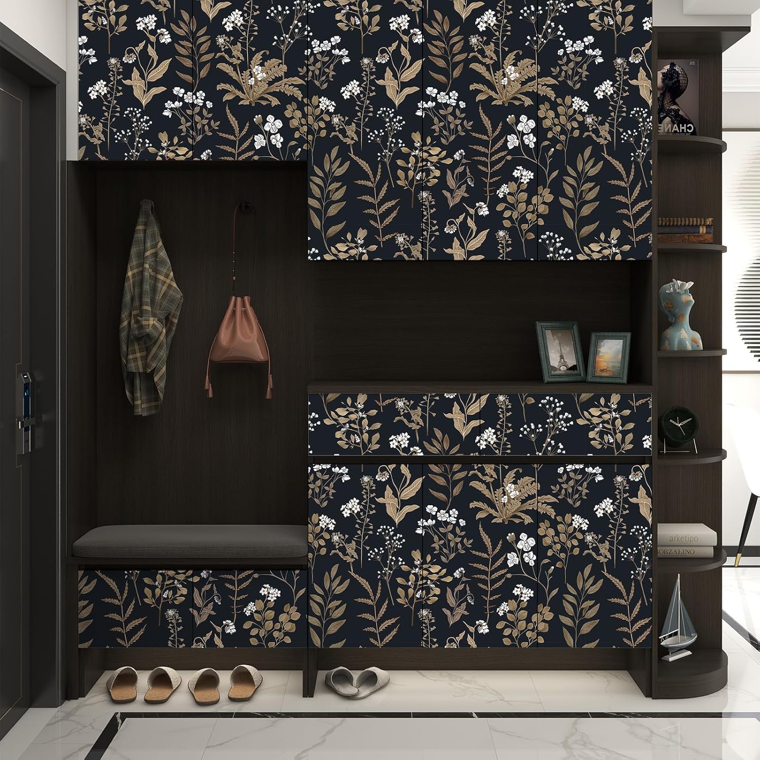 Abyssaly Vintage Floral Peel and Stick Wallpaper Black and Gold Wallpaper Dark Leaf Contact Paper Removable Self Adhesive Moody Botanical Vinyl Wrap for Bedroom Bathroom Shelf DIY Decor 17.3" x 393.7"