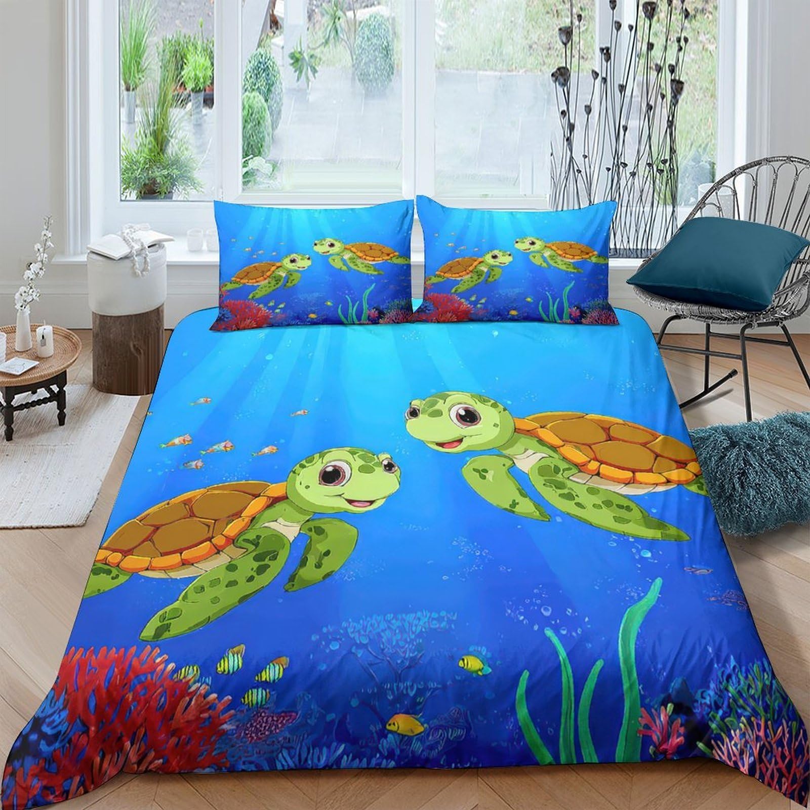 Ctjqhvkz Style-9 3D Printed Sea Turtle Ocean Fitted Sheet Microfiber Soft Mattress Cover Coral Blue Bedroom Decor Single（135X200cm）