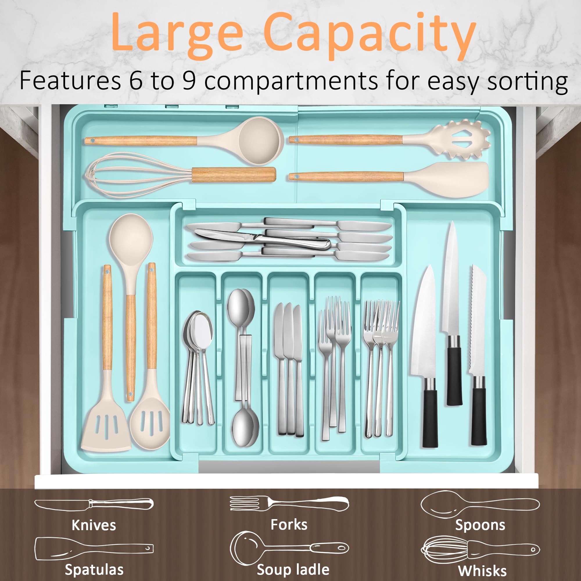 Organizador de cubiertos expandible para utensilios de cocina, organizador de cajones, grande, sin BPA, ajustable, bandeja de cubiertos para cucharas, tenedores, cuchillos, divisor de almacenamiento