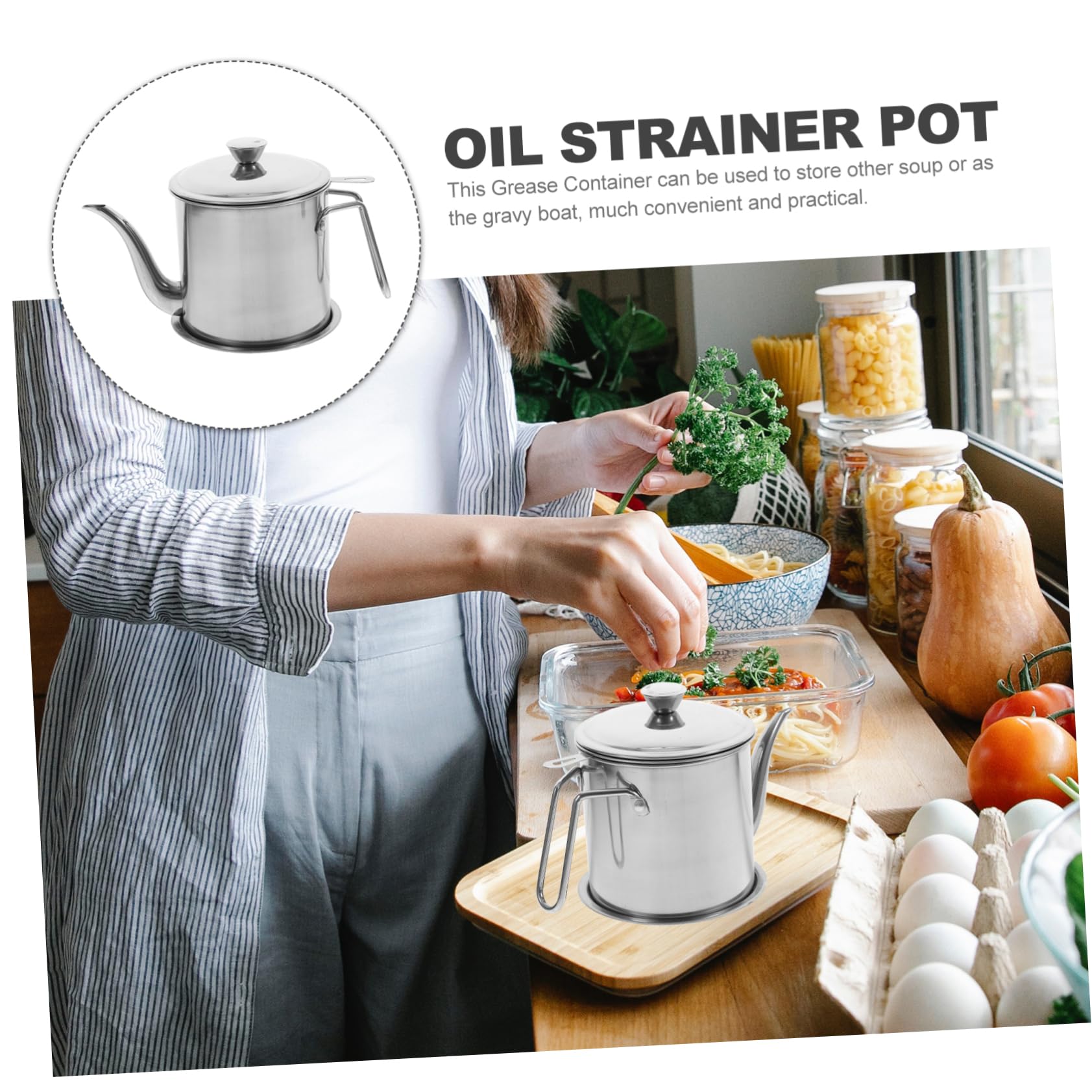SHOWERORO Pot à Huile En Acier Inoxydable 550 Ml Passoire Intégrée, Bec Verseur Anti-goutte, Résistant Haute Température, Cuisine Domestique Et Friture, Ustensile De Cuisson Pratique