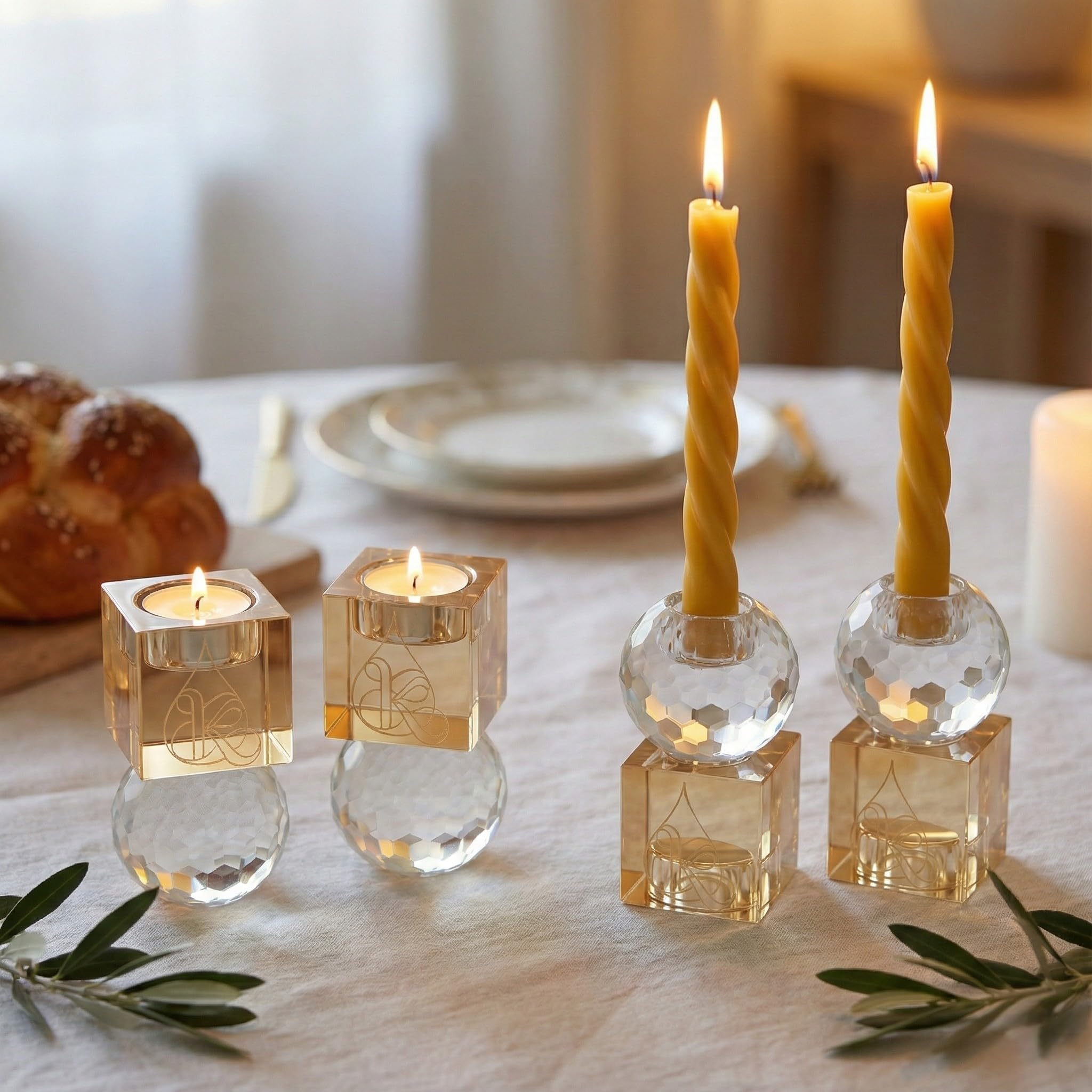 Paire de Bougeoirs Shabbat Réversibles en Cristal K9 - Design Moderne 2-en-1 pour Bougies Chauffe-Plat, Chandelles et Havdala - Idée Cadeau Mariage Juif et Judaïca