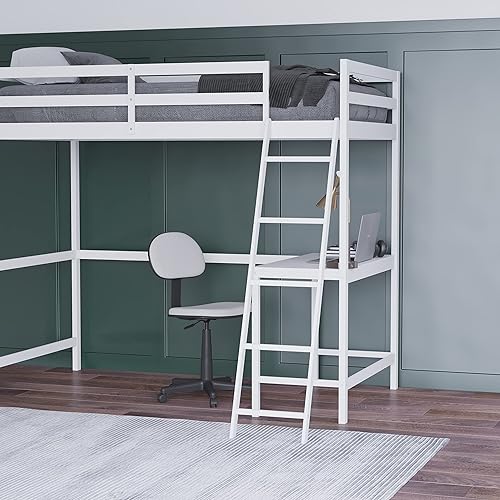 Miniatura 6 de EMMA + OLIVER Ridley - Base de cama de madera tamaño individual con barandillas protectoras y escritorio integrado y escalera en color blanco para