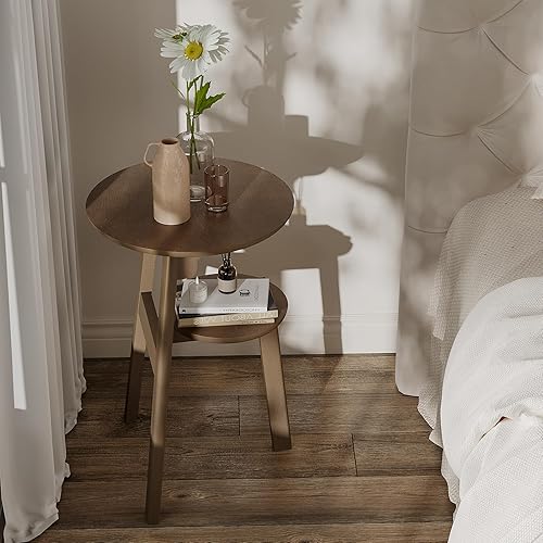 Miniatura 5 de ChooChoo Mesa auxiliar redonda para espacios pequeños, mesa auxiliar estrecha, mesa de noche con estante de 2 niveles para dormitorio y sala de