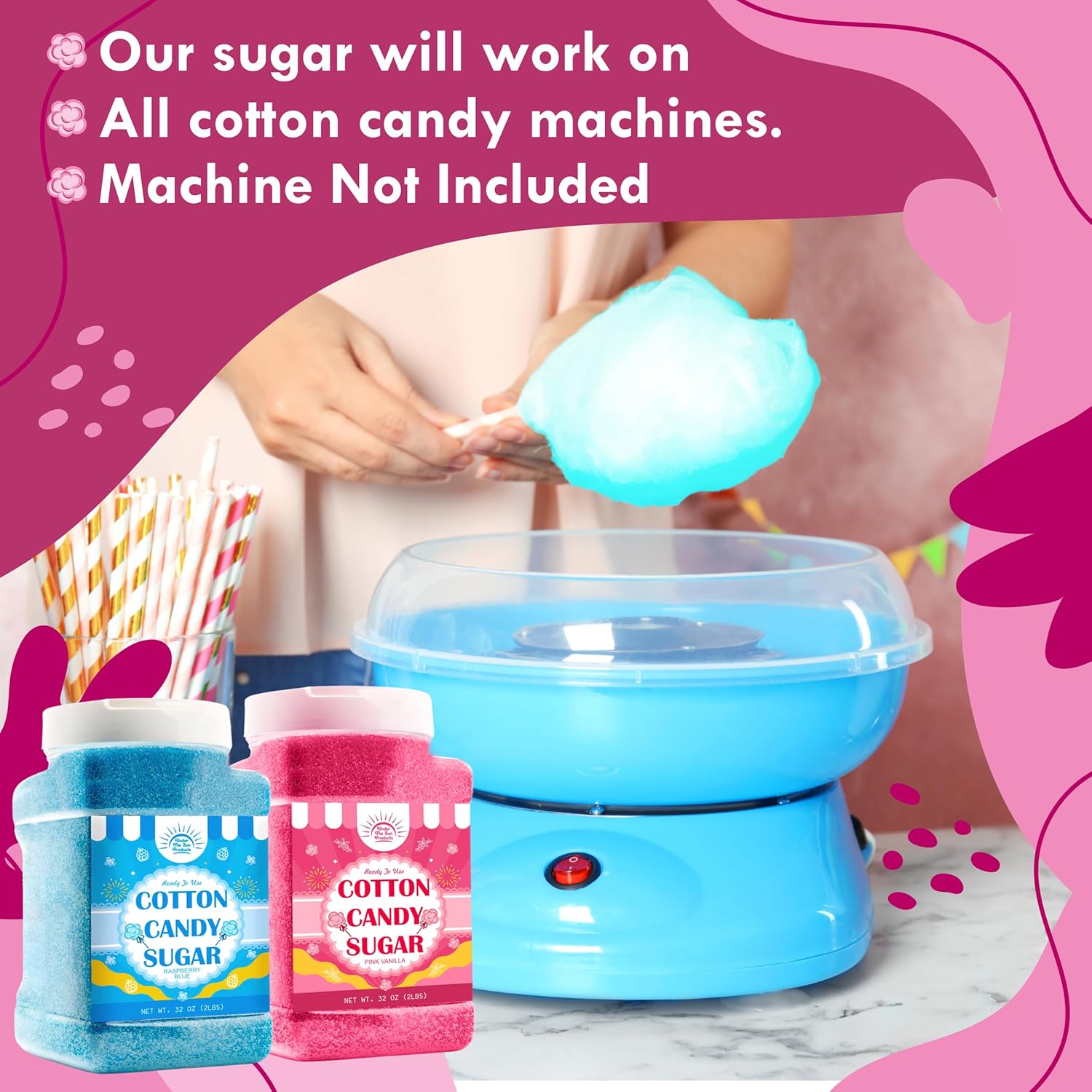 Cotton Candy Floss Sugar – Pink Vanilla & Blue Raspberry (2 Pack, 2 lb Each) | Premium Spun Sugar for Cotton Candy Machines | Perfect for Parties, Events & Home Use (2 Pack – 2 lb Jars)