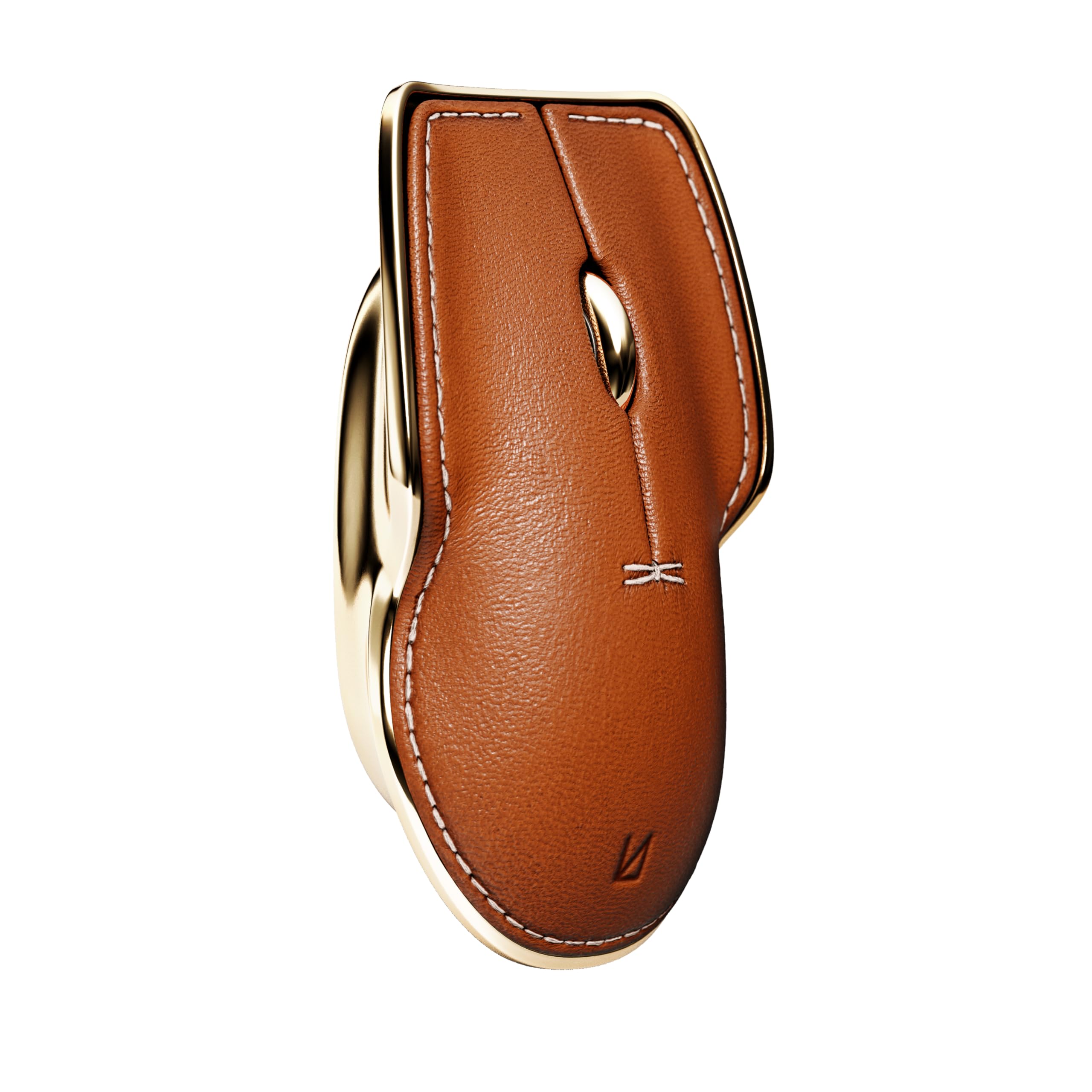 LUNAR ARTEFACTS Ambidextrous Rechargeable Bluetooth Wireless Computer Mouse Brown French Leather and Gold Tone Plated Aluminum Qi Enabled