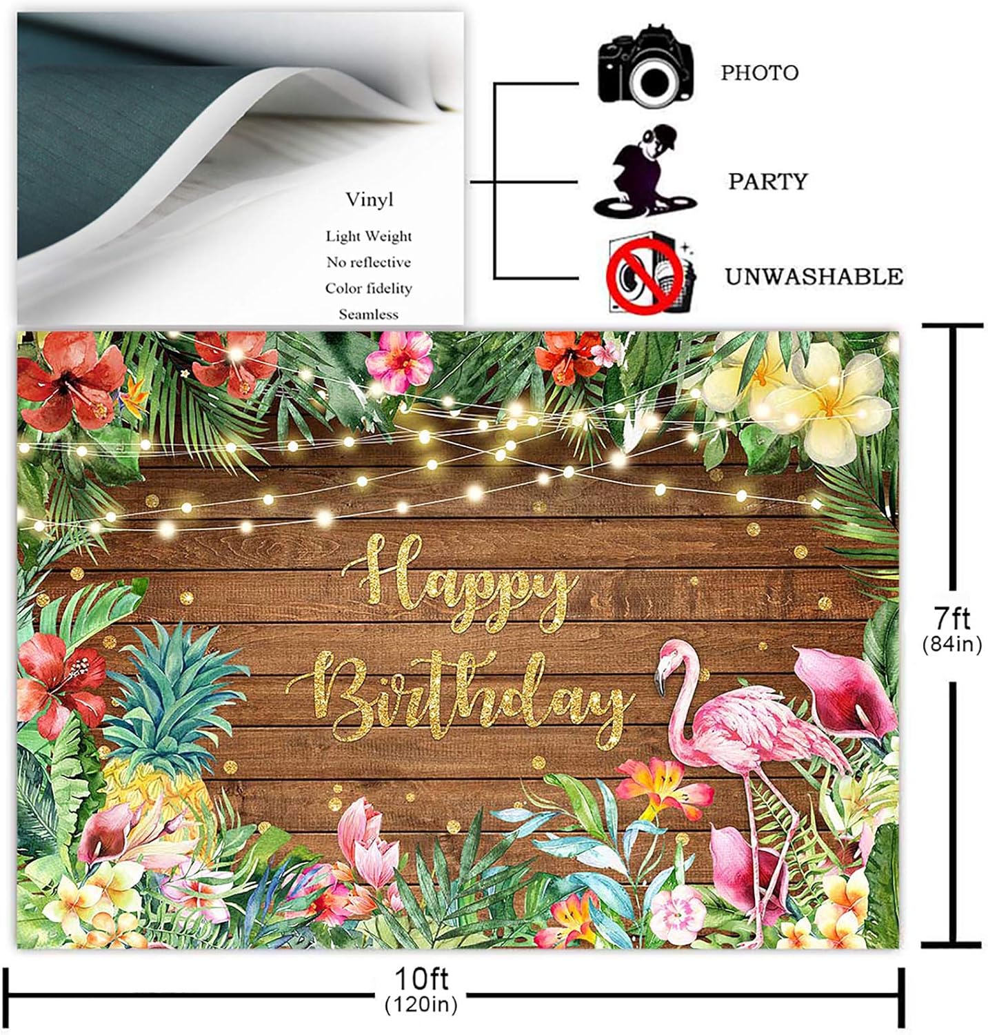 Avezano Tropical Flamingo Birthday Backdrop for Girls Hawaiian Party Decorations Summer Wood Floral Leaves Lights Luau Happy Birthday Party Banner Photoshoot Photography Background (10x7ft)