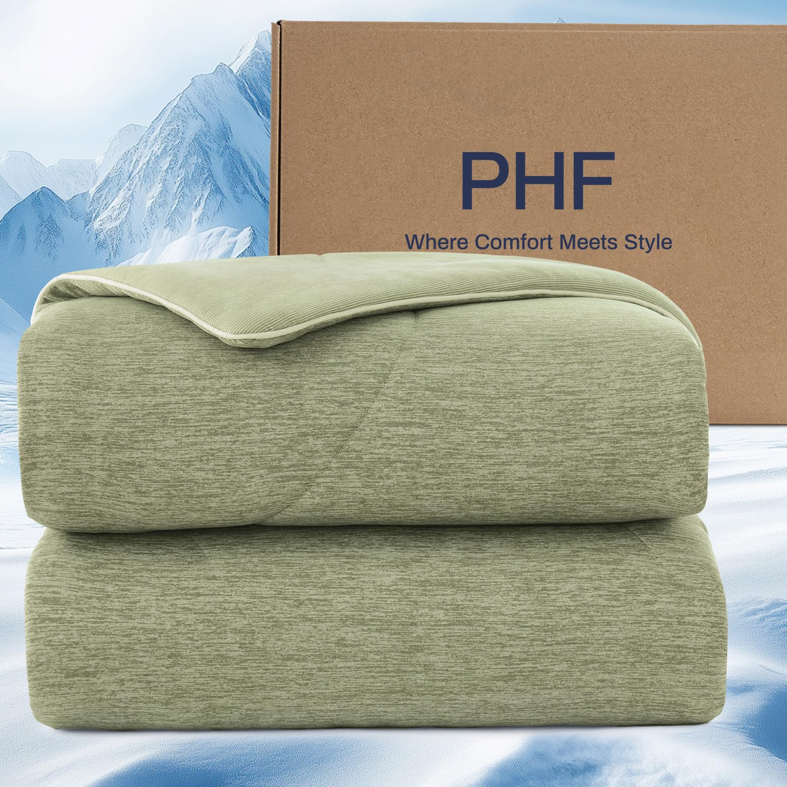 PHF Cooling Duvet for Hot Sleepers Double Size, Summer Blanket with Advanced Arc-Chill Cooling Fibres (Q-Max>0.4),150x200cm Double-Sided Quilted Cooling Blanket for Night Sweats & Pets, Oil Green