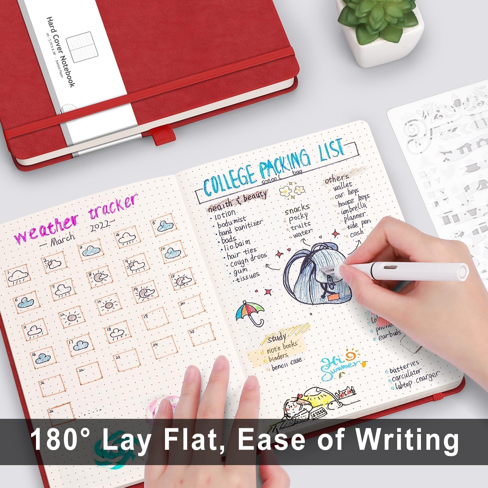 AHGXG Diario de puntos con viñetas, 320 páginas numeradas, cuadrícula de puntos, diario grueso A5, papel punteado grueso de 100 g/m², tapa dura de cuero, bolsillo interior, 14 x 21 cm, color rojo