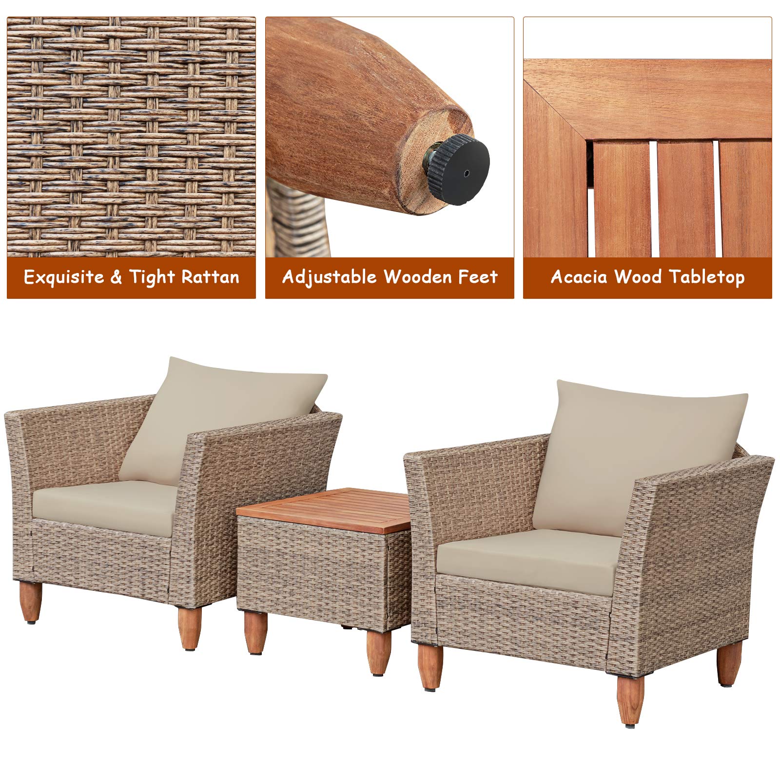 Tangkula 3 Piece Patio Furniture Set, Outdoor Wicker Rattan Bistro Sofa