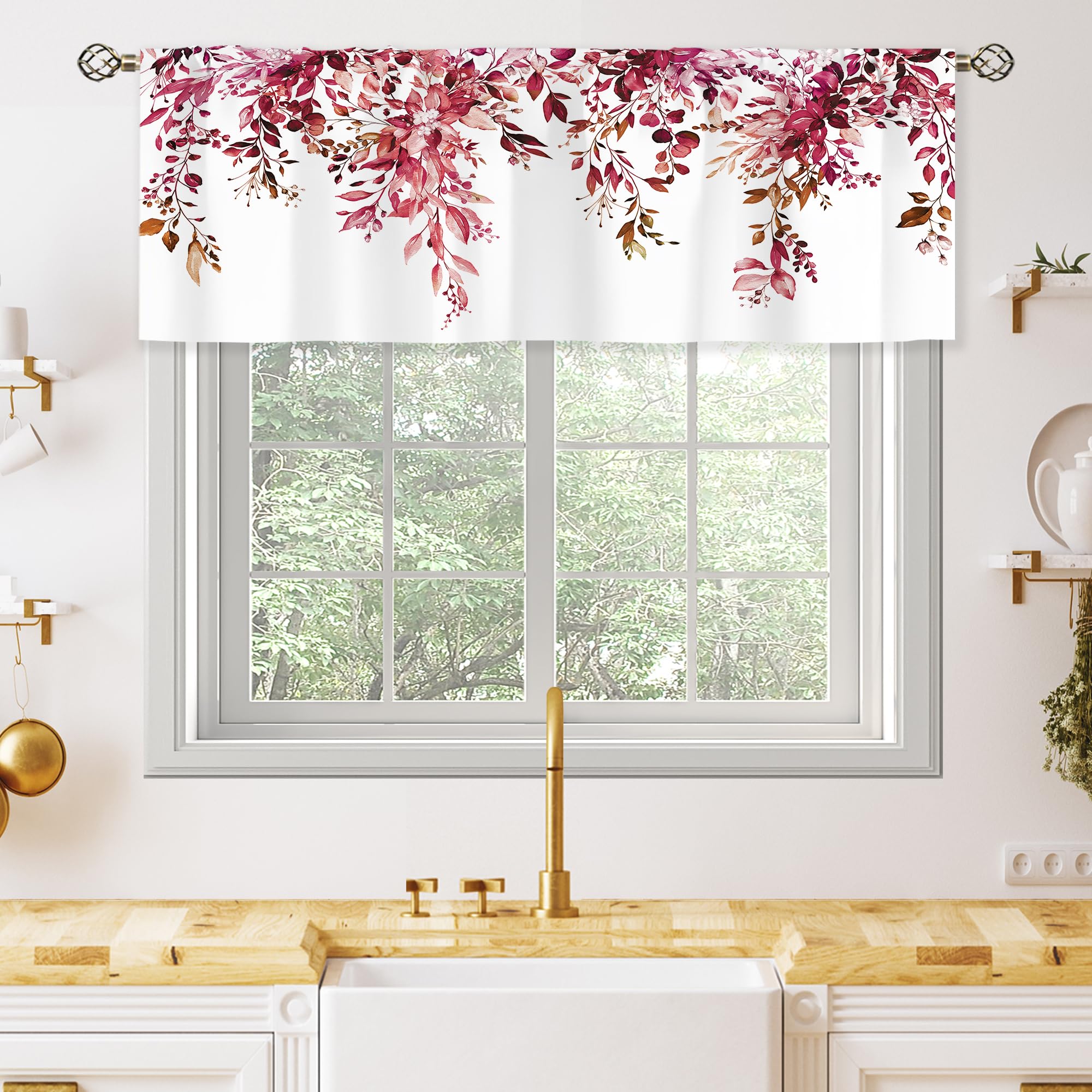 oolygoo Burgundy Eucalyptus Leaves Valances Kitchen Curtains Rustic Watercolor Red Flower Floral Window Drapes Plant Botanical Bedroom Bathroom Living Room Treatment Tier Fabric 1 Panel 52Wx18H Inch — image 1