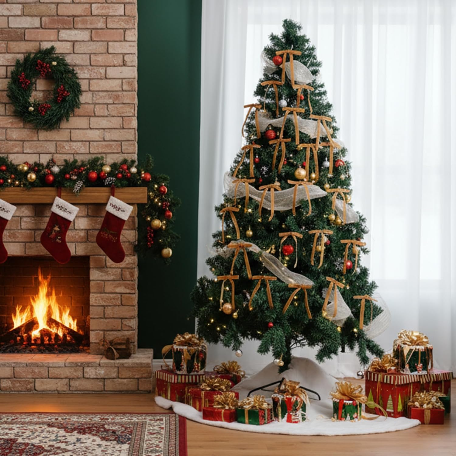 AYGXU 30pcs Velvet Bows for Christmas Tree Decorations,Twist tie Bows,Vintage Christmas Bow Decor,premade Bow for Gift Wrapping,Table,Garland,Fireplace Decor.Khaki(5/8" W,5.1 * 7in) - Image 4