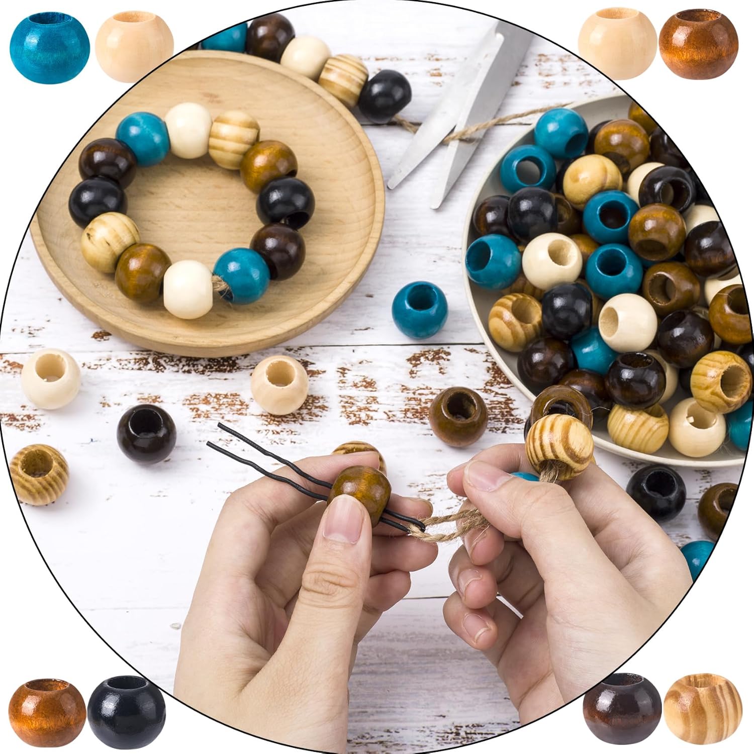 60 Pcs Large Hole Wooden Beads, Wooden Loose Spacer Beads, Vintage Wood Hair Bead for Macrame, Necklace, Bracelet, DIY Craft, Hair, Handmade Decor (6 Colors) - Image 6