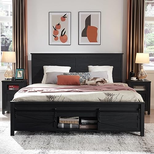 JXQTLINGMU Marco de cama de madera de granja tamaño Queen con puertas corredizas de granero y cabecero, soporte de listones de madera maciza,