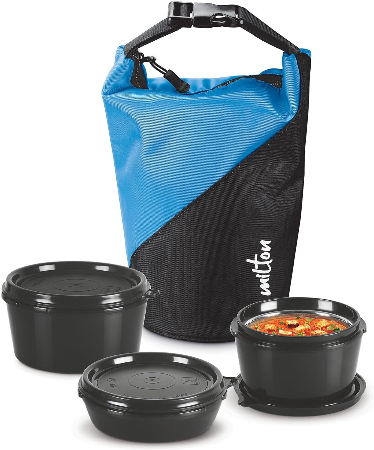 MILTON Micro Meal Lunch Box (3 Microwave Safe Inner Steel Containers,1 x 180 ml, 2 X 320 ml Each) with Insulated Fabric Jacket, Blue