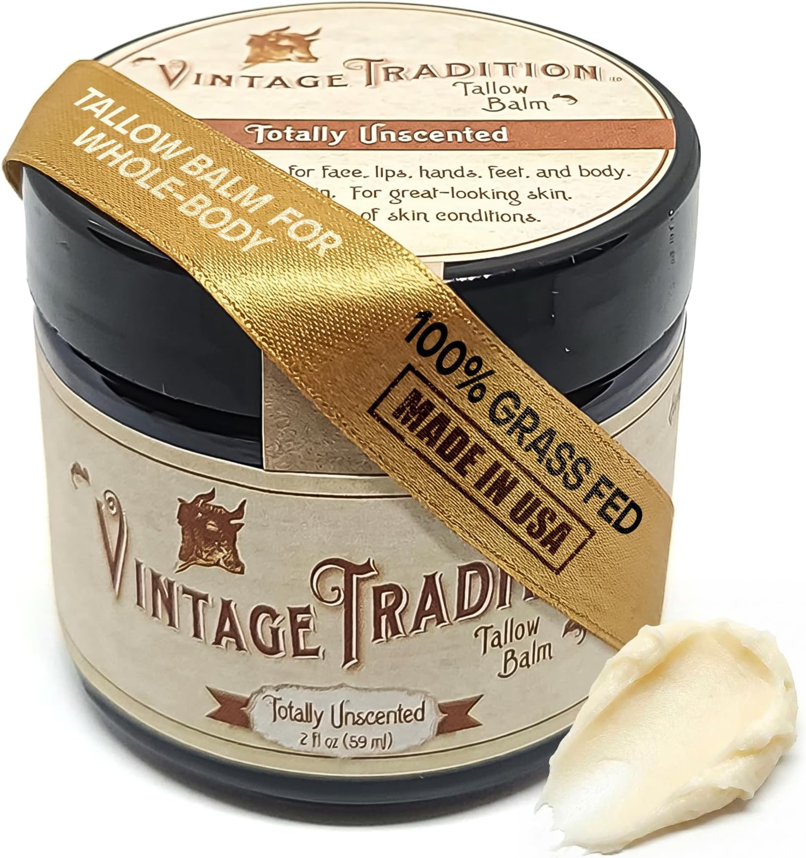 Vintage Tradition Totally Unscented The Original Beef Tallow Balm for Skin, Smooth Moisturizing Tallow Face and Body Balm, for sensitive skin and fragrance free routines, 100% Grass Fed, 2 fl oz