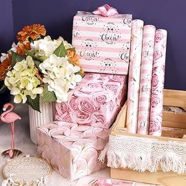 MAYPLUSS Pink Wrapping Paper Roll - Mini Roll - 17in X 120in Per roll - 3 Different Pink Floral Design (42.3 sqft) for Birthday, Holiday, Wedding, Baby Shower Valentine\'s Day