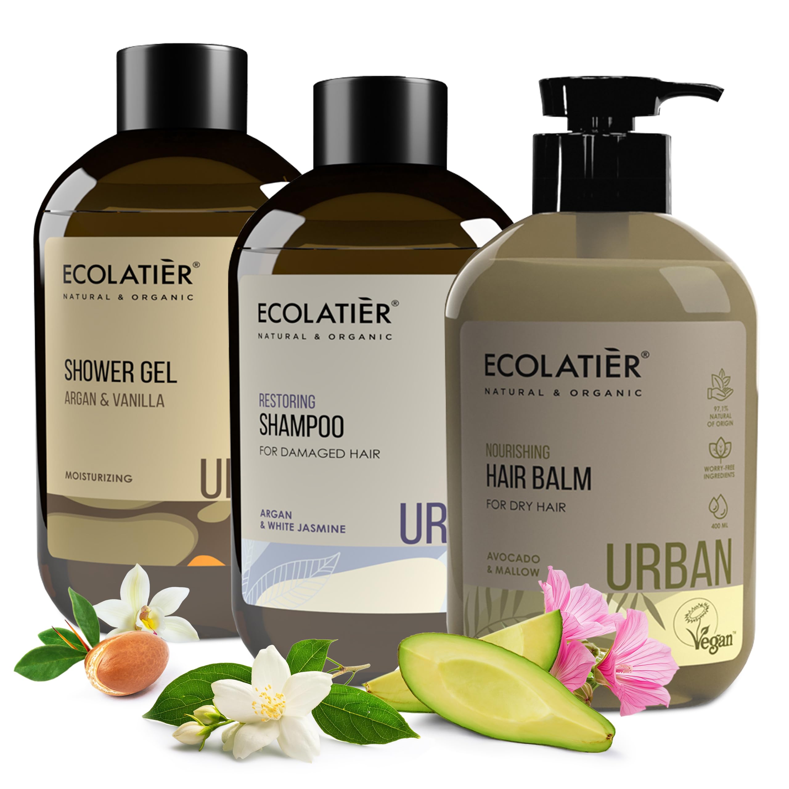 ECOLATIÈR Shower Gel Argana & Vanilla + Restoring Shampoo & Hair Balm - Hydrating & Repairing Hair & Skin Care Set with Dragon’s Blood, Vitamins, and Natural Oils